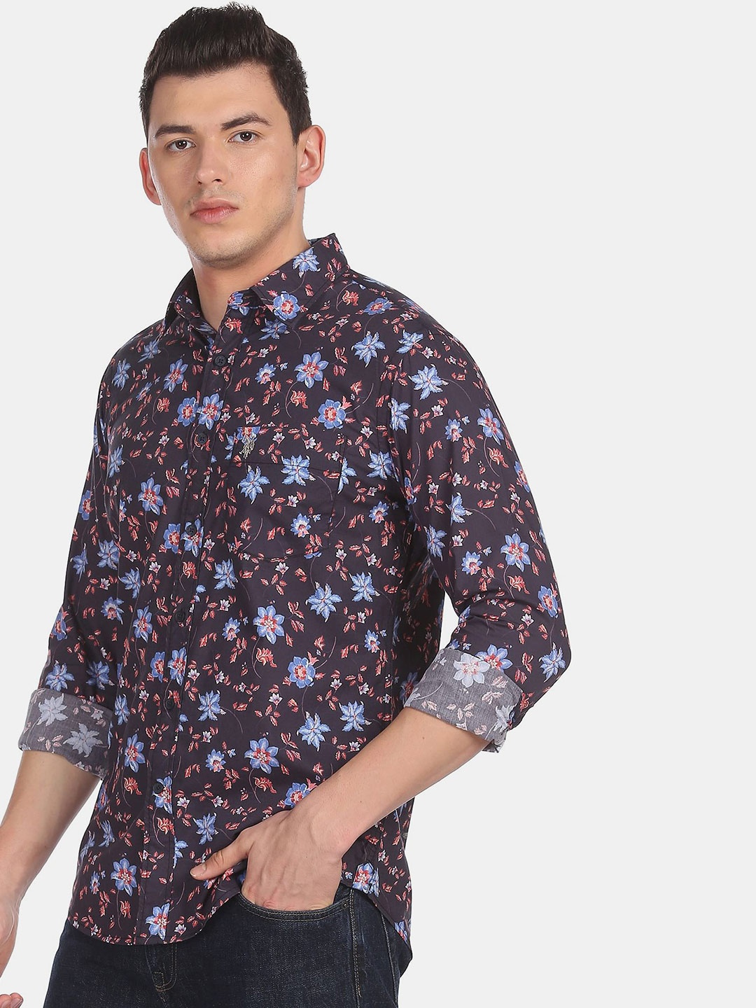 

U S Polo Assn Men Blue Floral Printed Cotton Casual Shirt