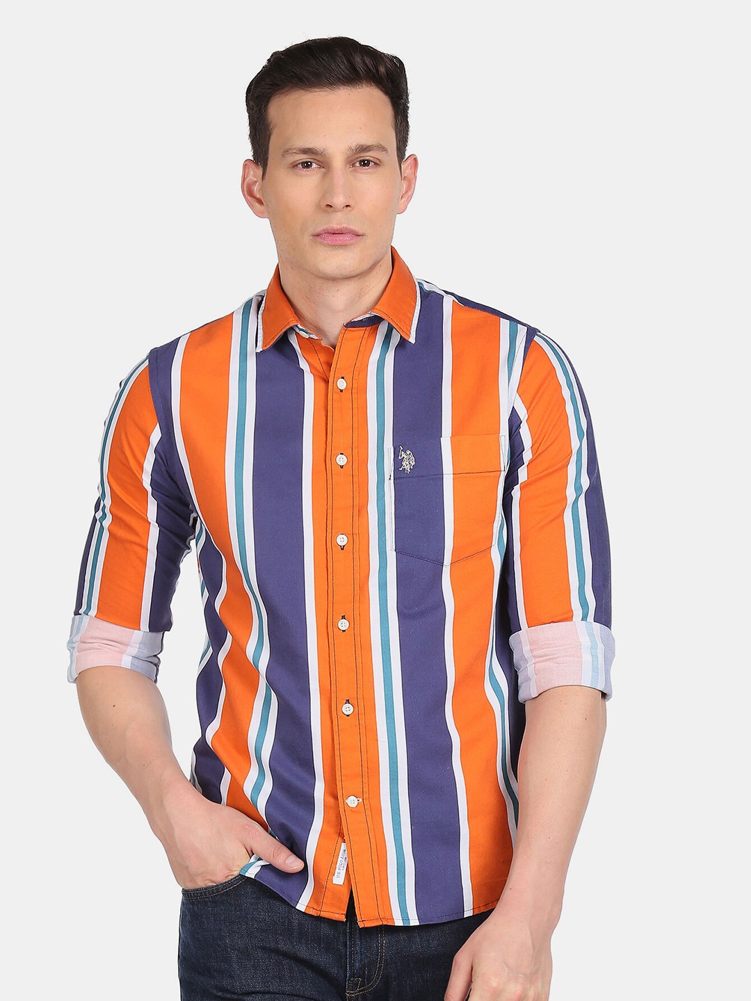

U S Polo Assn Men Orange Striped Cotton Casual Shirt