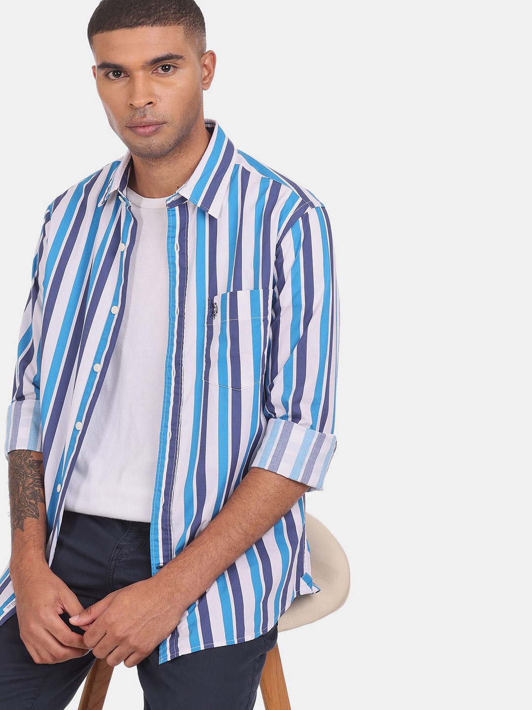 

U S Polo Assn Men Blue Striped 100% Cotton Casual Shirt