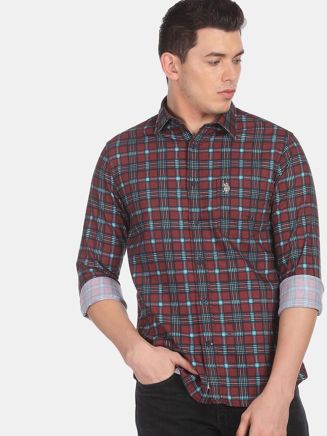 

U S Polo Assn Men Red Tartan Checks Checked Casual Shirt