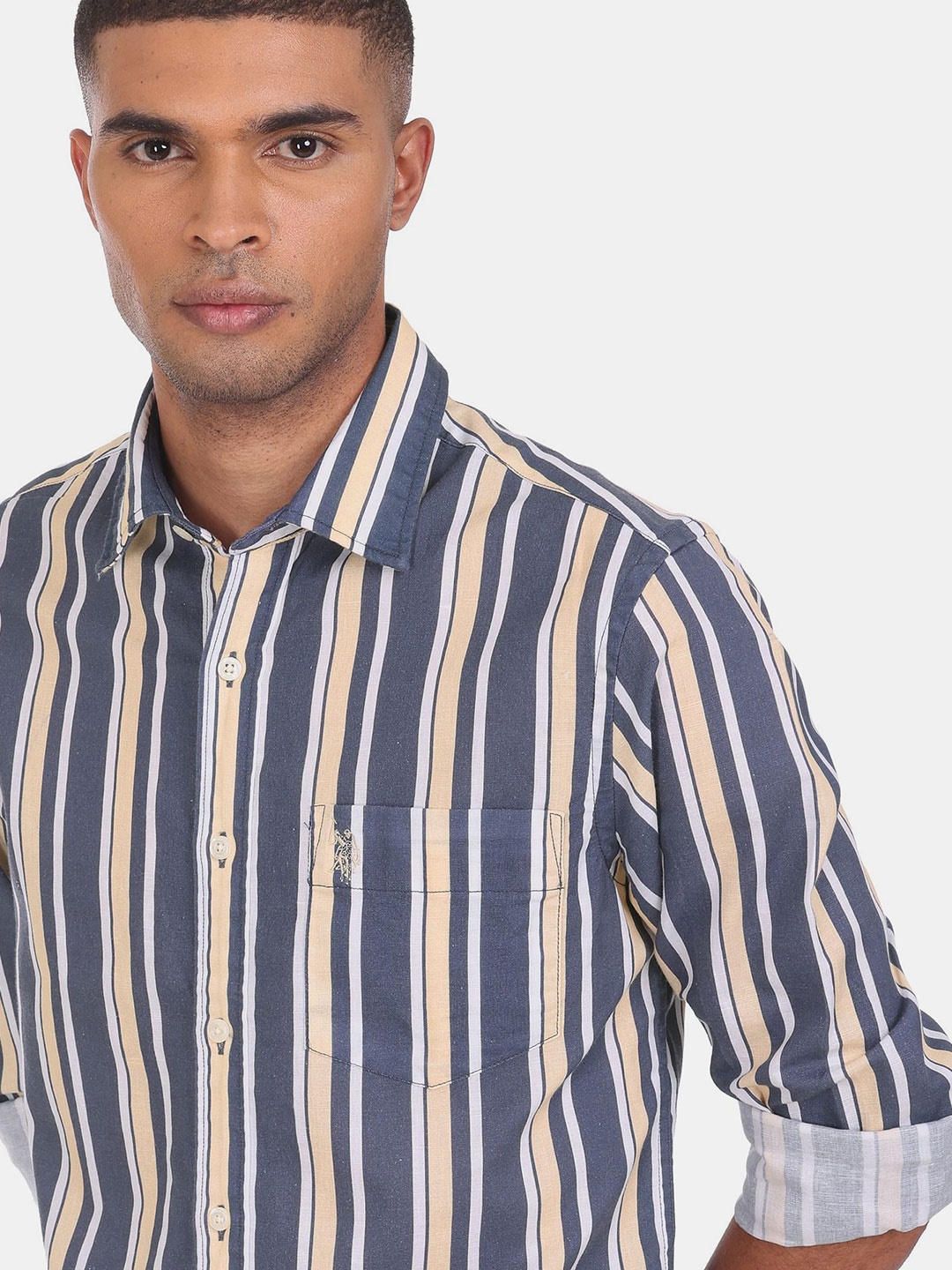 

U S Polo Assn Men Blue Striped Linen Cotton Casual Shirt