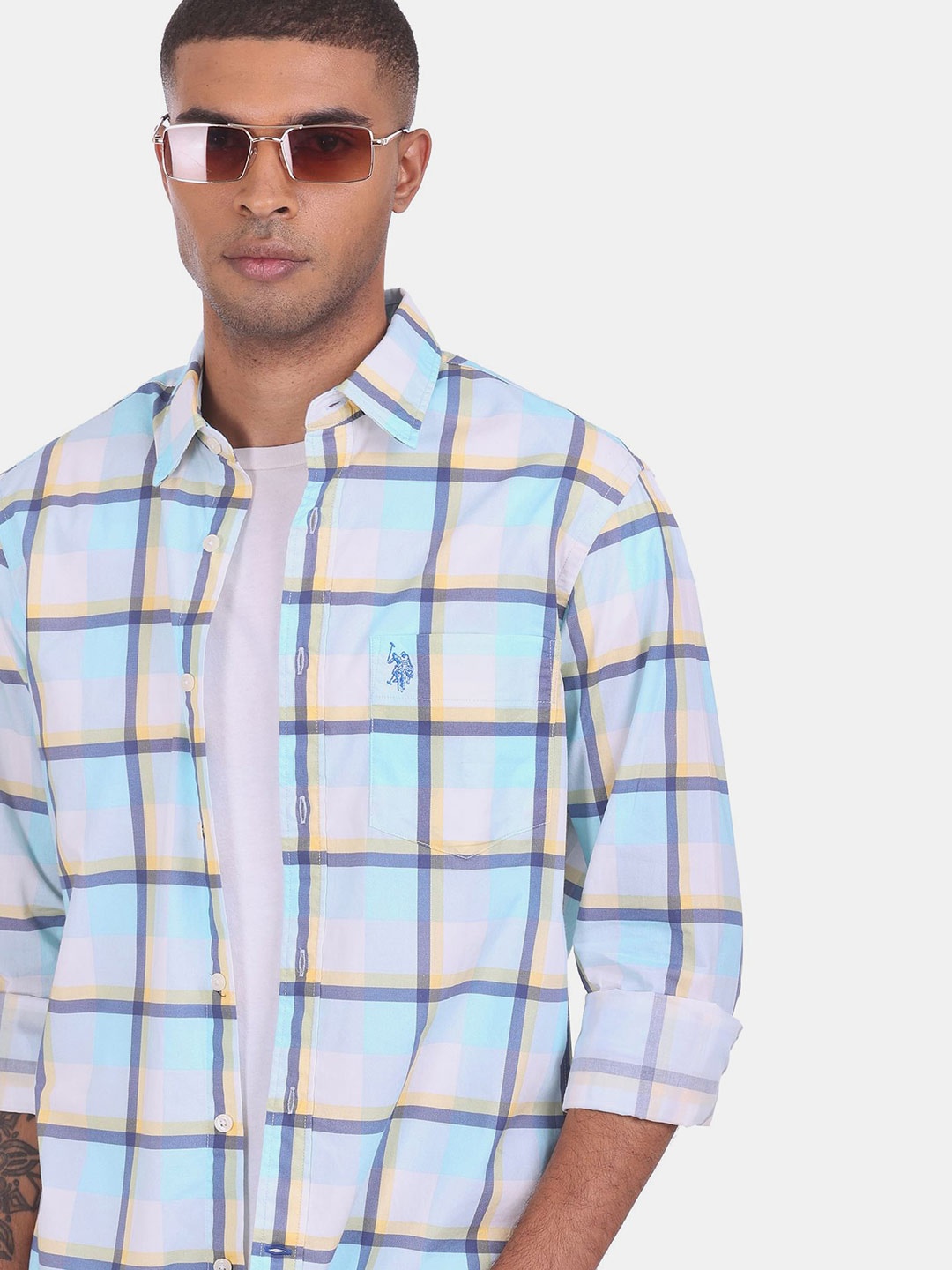 

U S Polo Assn Men Blue Checked Pure Cotton Casual Shirt