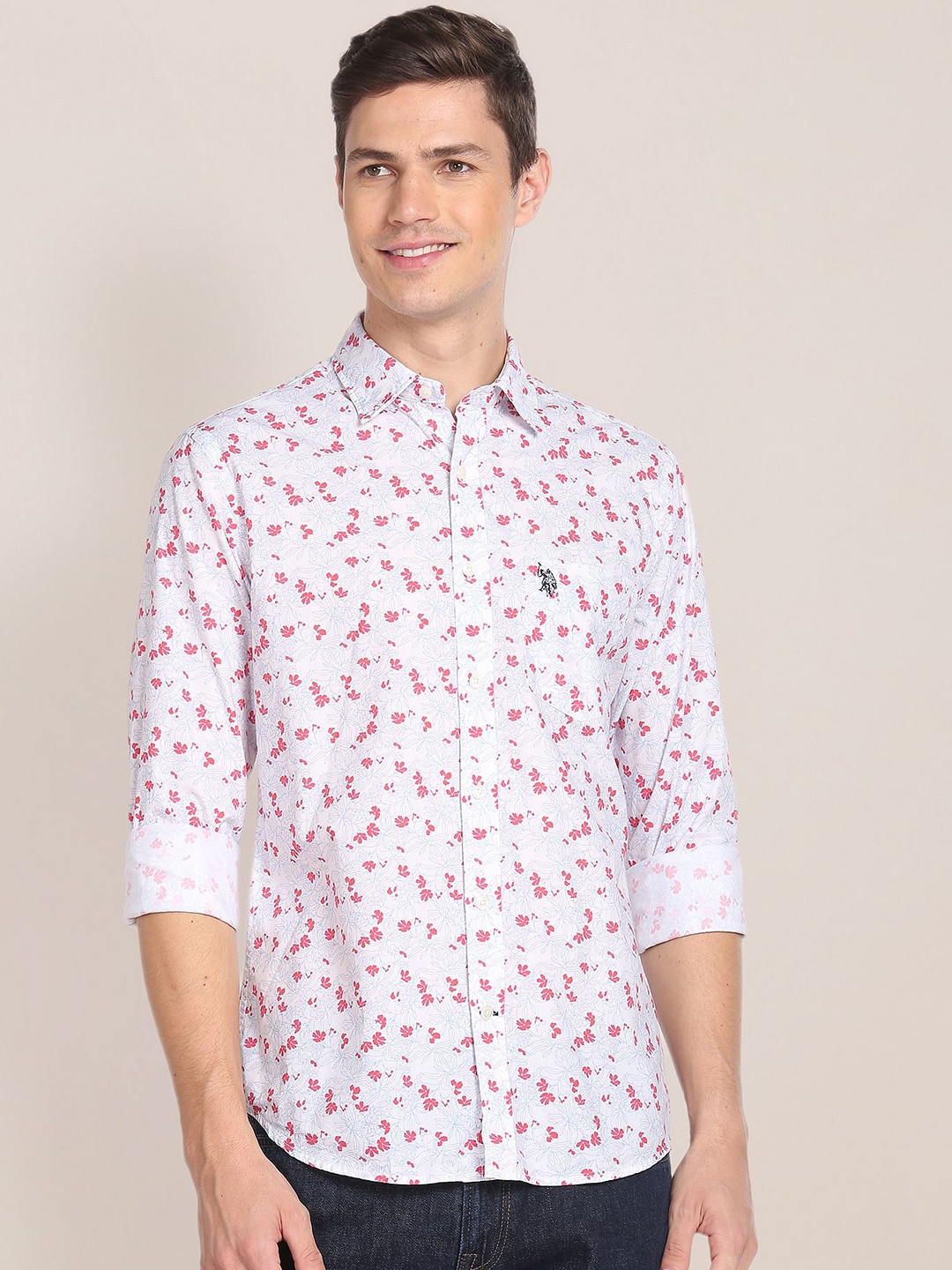 

U S Polo Assn Men White Regular Fit Floral Printed Cotton Casual Shirt