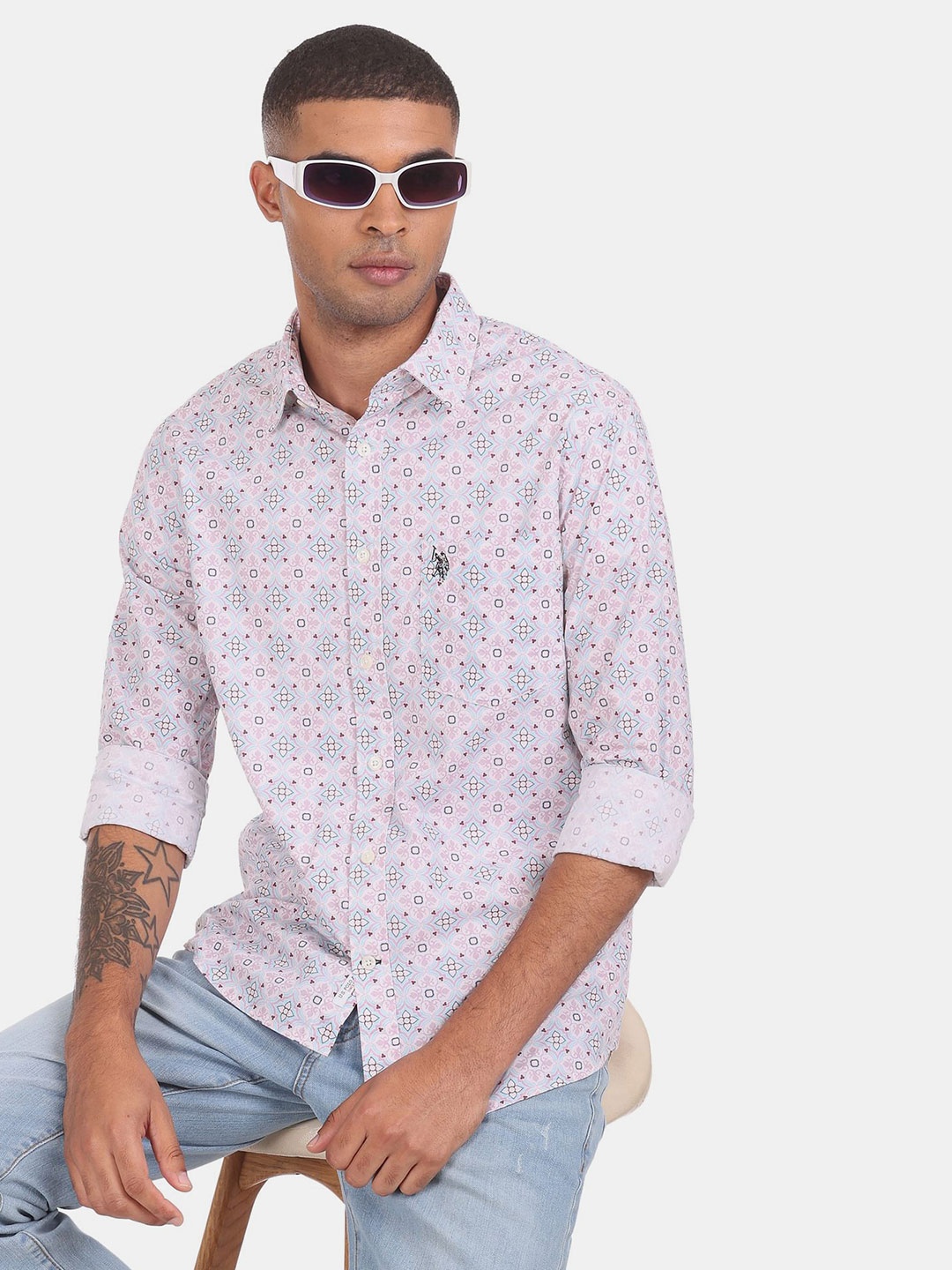 

U S Polo Assn Men White Floral Printed Cotton Casual Shirt