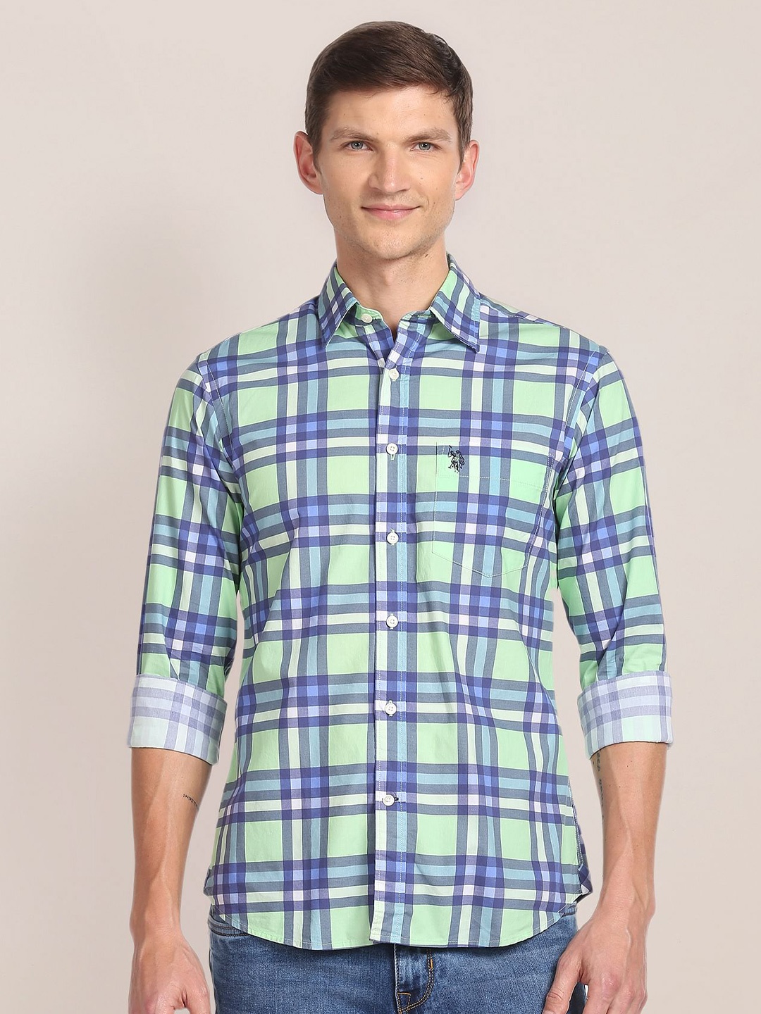 

U S Polo Assn Men Green Tartan Checks Checked Casual Shirt