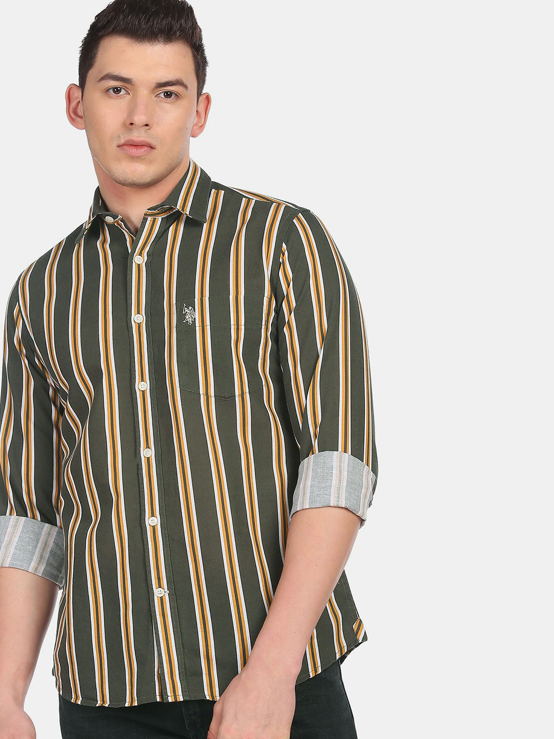 

U S Polo Assn Men Olive Green Striped Regular Fit Linen Cotton Casual Shirt