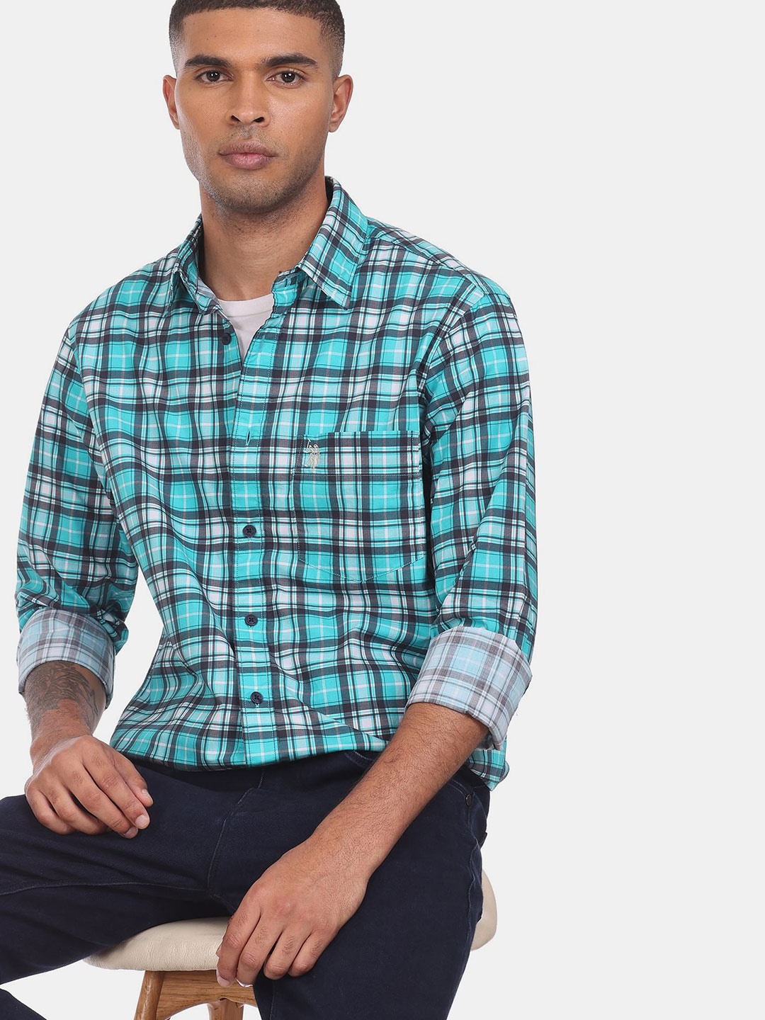 

U S Polo Assn Men Blue Checked Casual Shirt