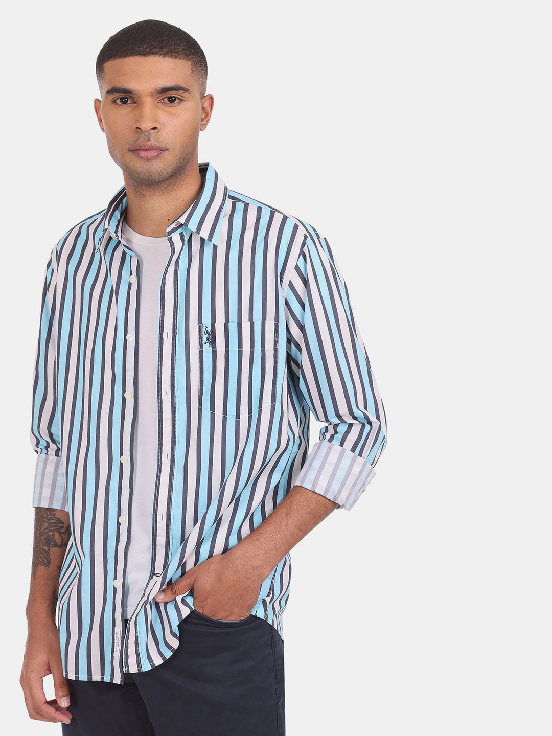 

U S Polo Assn Men Blue Regular Fit Striped Cotton Casual Shirt