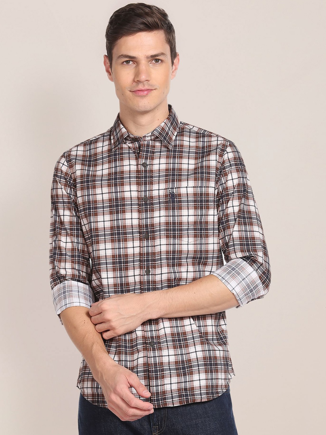 

U S Polo Assn Men Brown & White Tartan Checked Cotton Casual Shirt