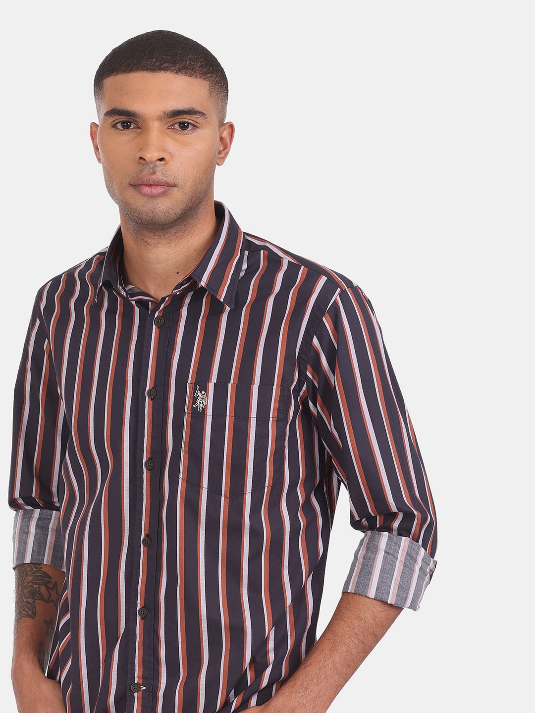 

U S Polo Assn Men Black Striped Cotton Casual Shirt