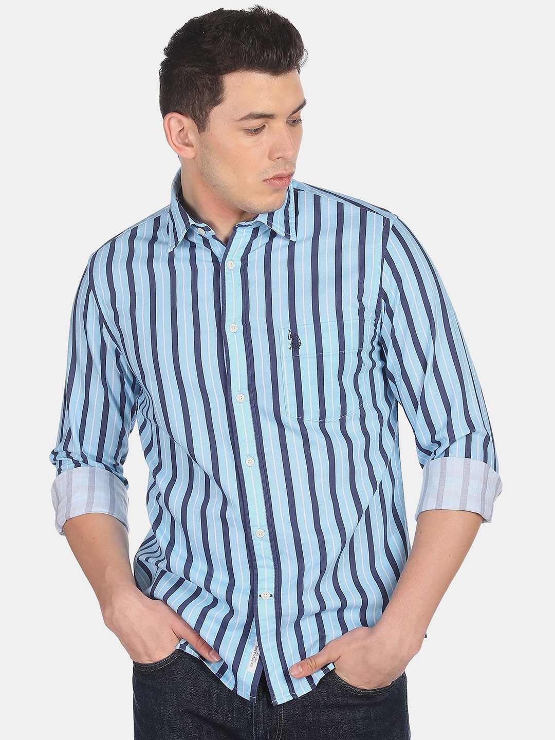 

U S Polo Assn Men Blue Striped 100% Cotton Casual Shirt