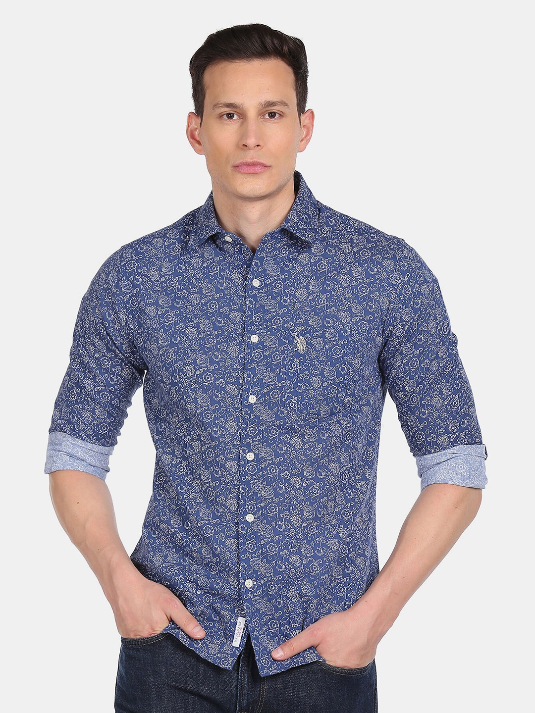 

U S Polo Assn Men Blue Floral Printed Casual Shirt 100% Cotton