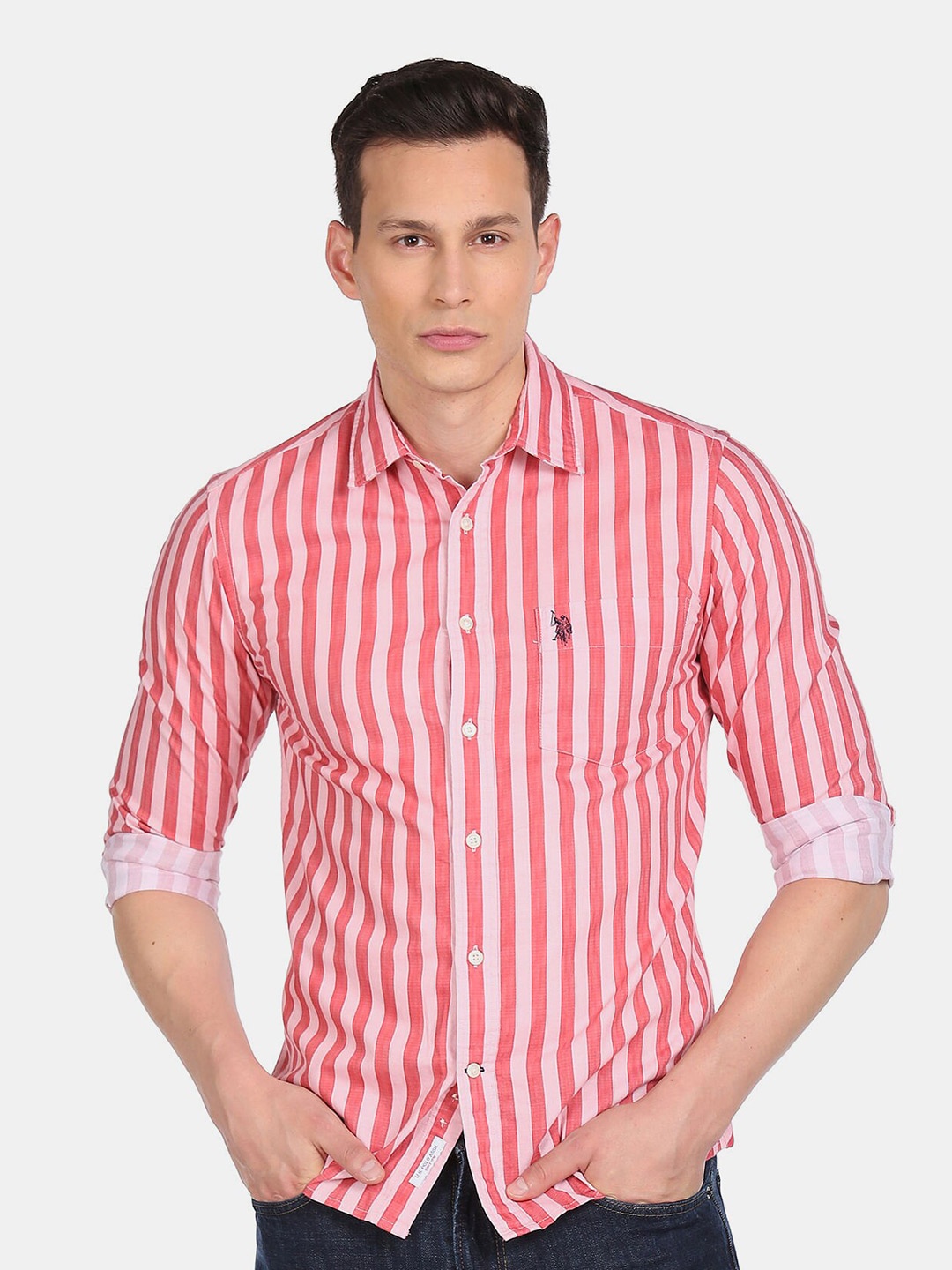 

U S Polo Assn Men Pink Bengal Stripes Striped Pure Cotton Casual Shirt