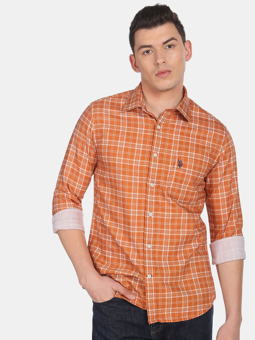 

U S Polo Assn Men Orange Checked Casual Shirt