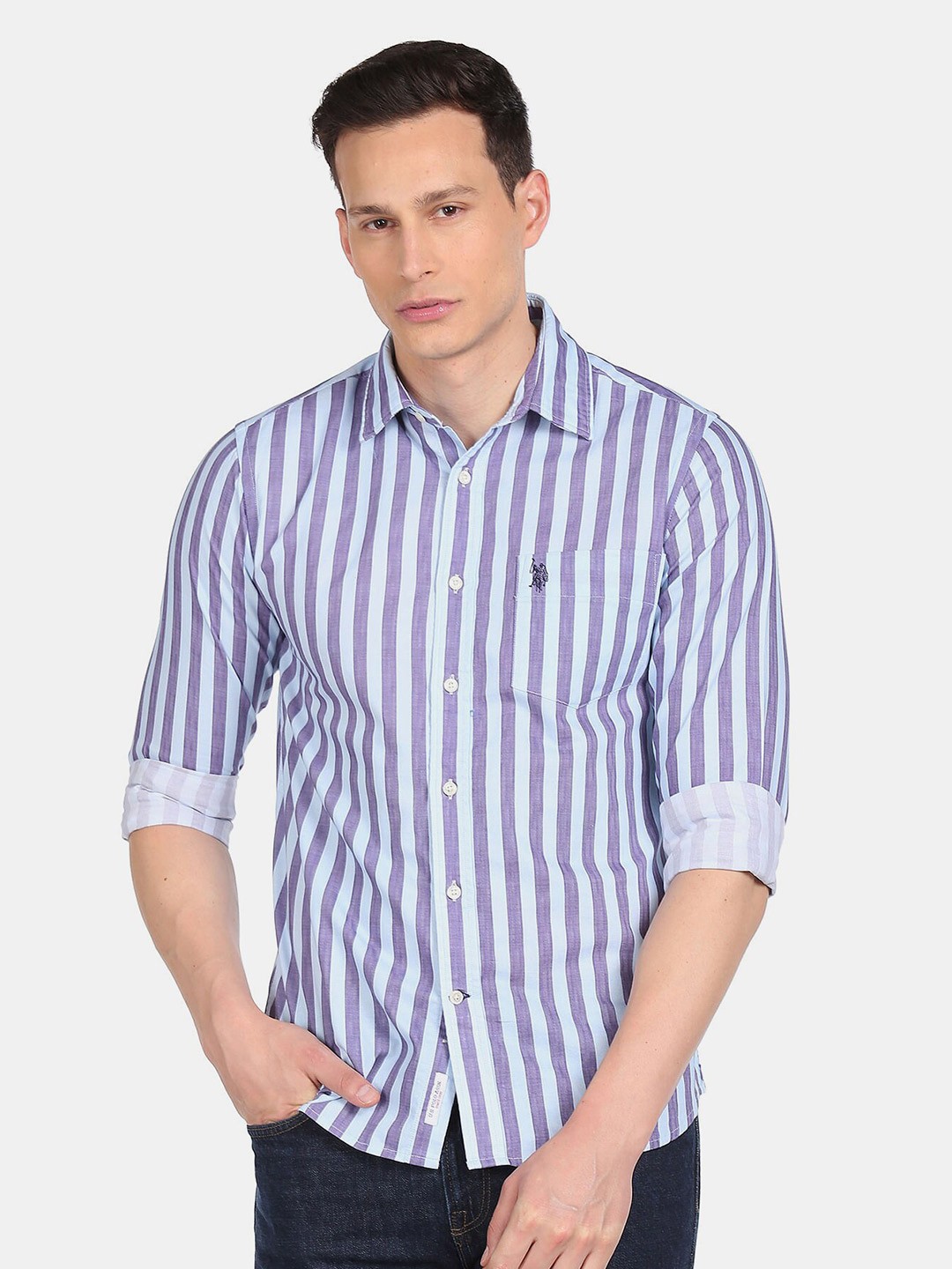 

U.S. Polo Assn. Men Blue Striped Pure Cotton Casual Shirt