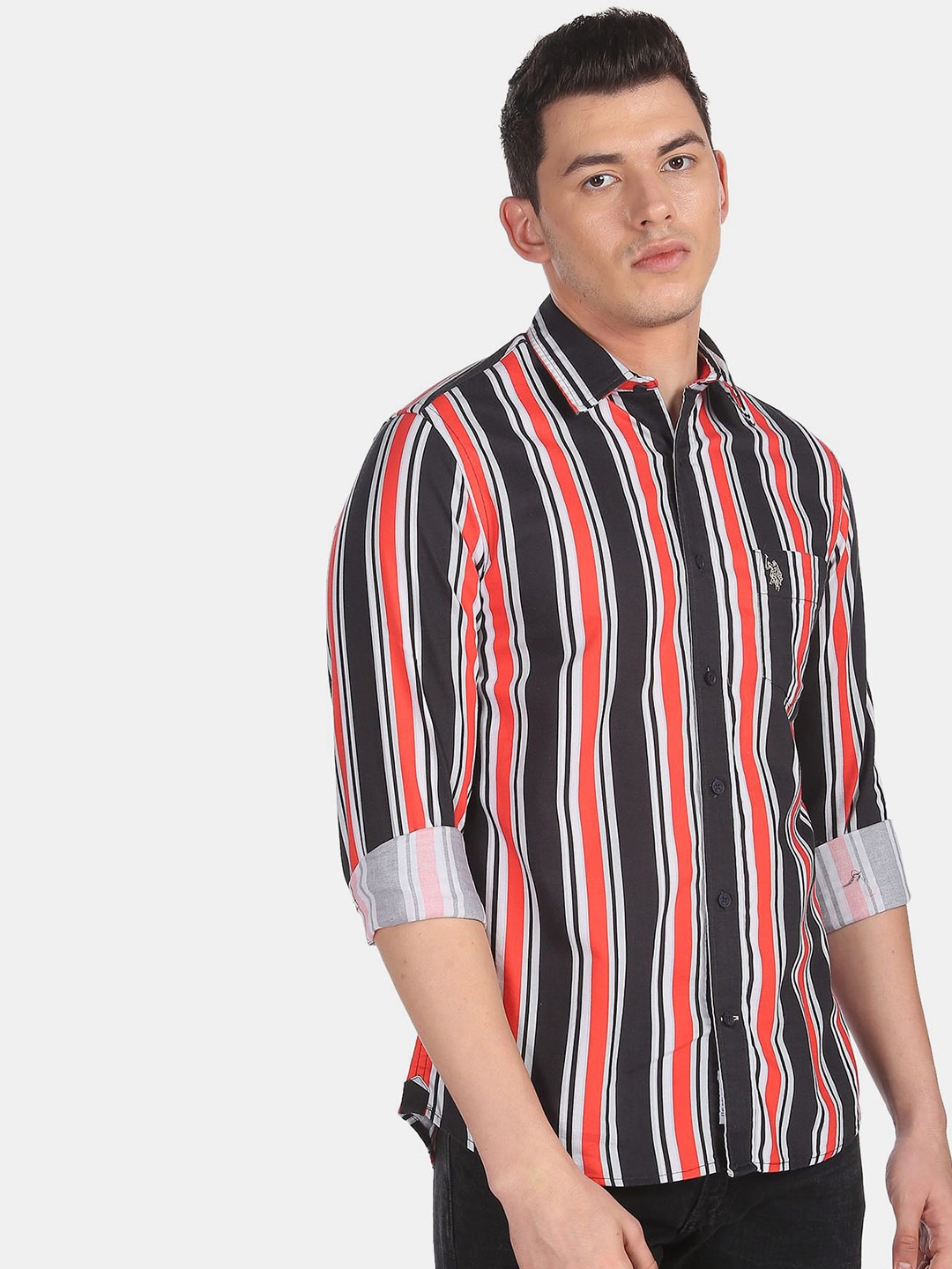 

U S Polo Assn Men Black & Red Multi Striped Casual Cotton Shirt