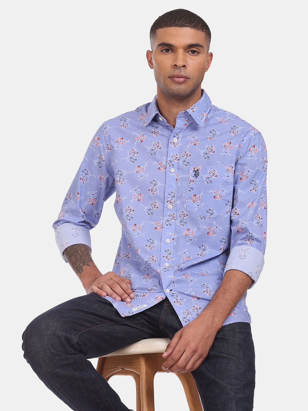 

U S Polo Assn Men Blue Floral Printed Cotton Casual Shirt