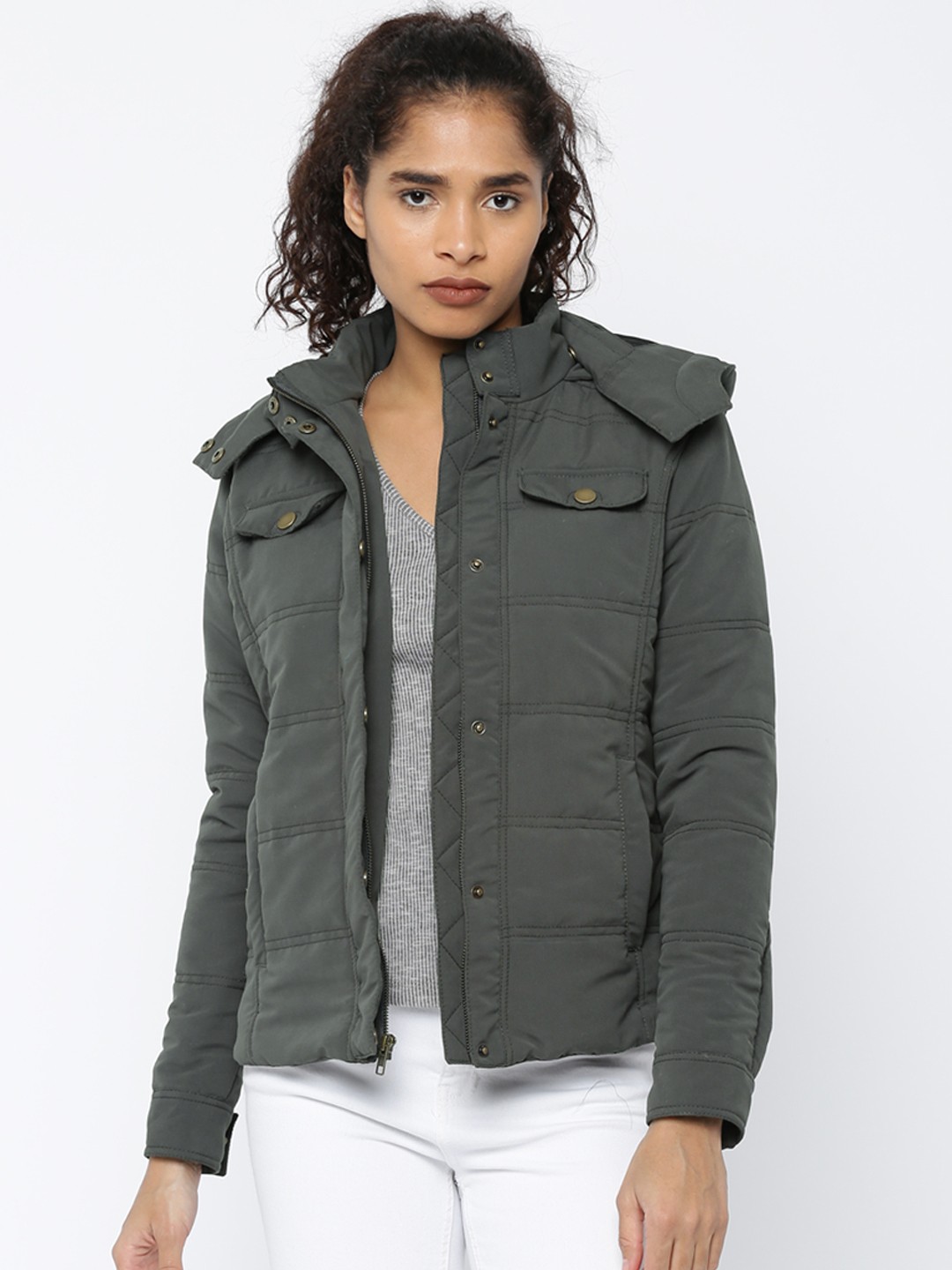 

Roadster Women Grey Solid Hooded Puffer Jacket