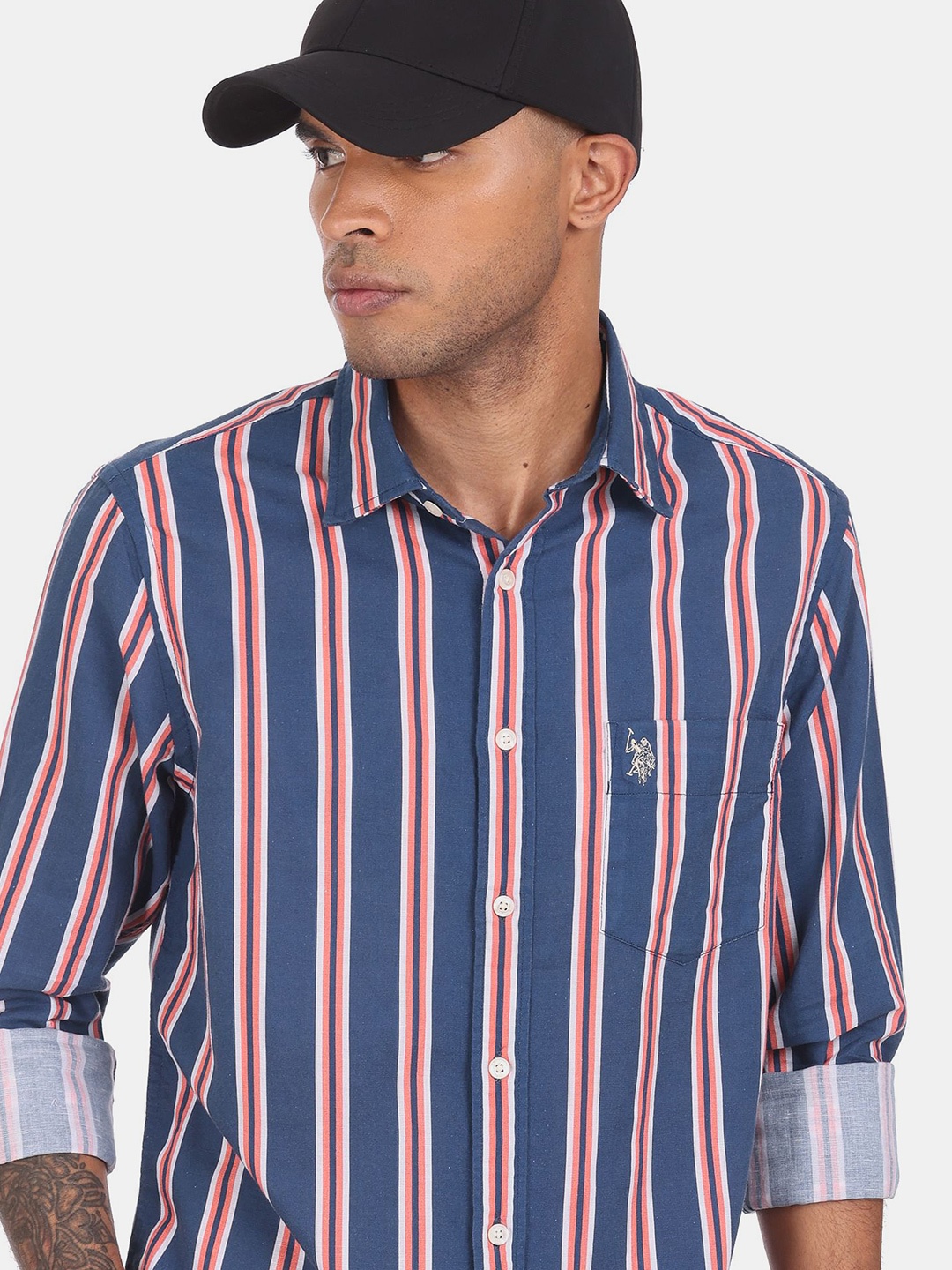 

U.S. Polo Assn. Men Blue & Peach-Coloured Striped Linen Cotton Casual Shirt