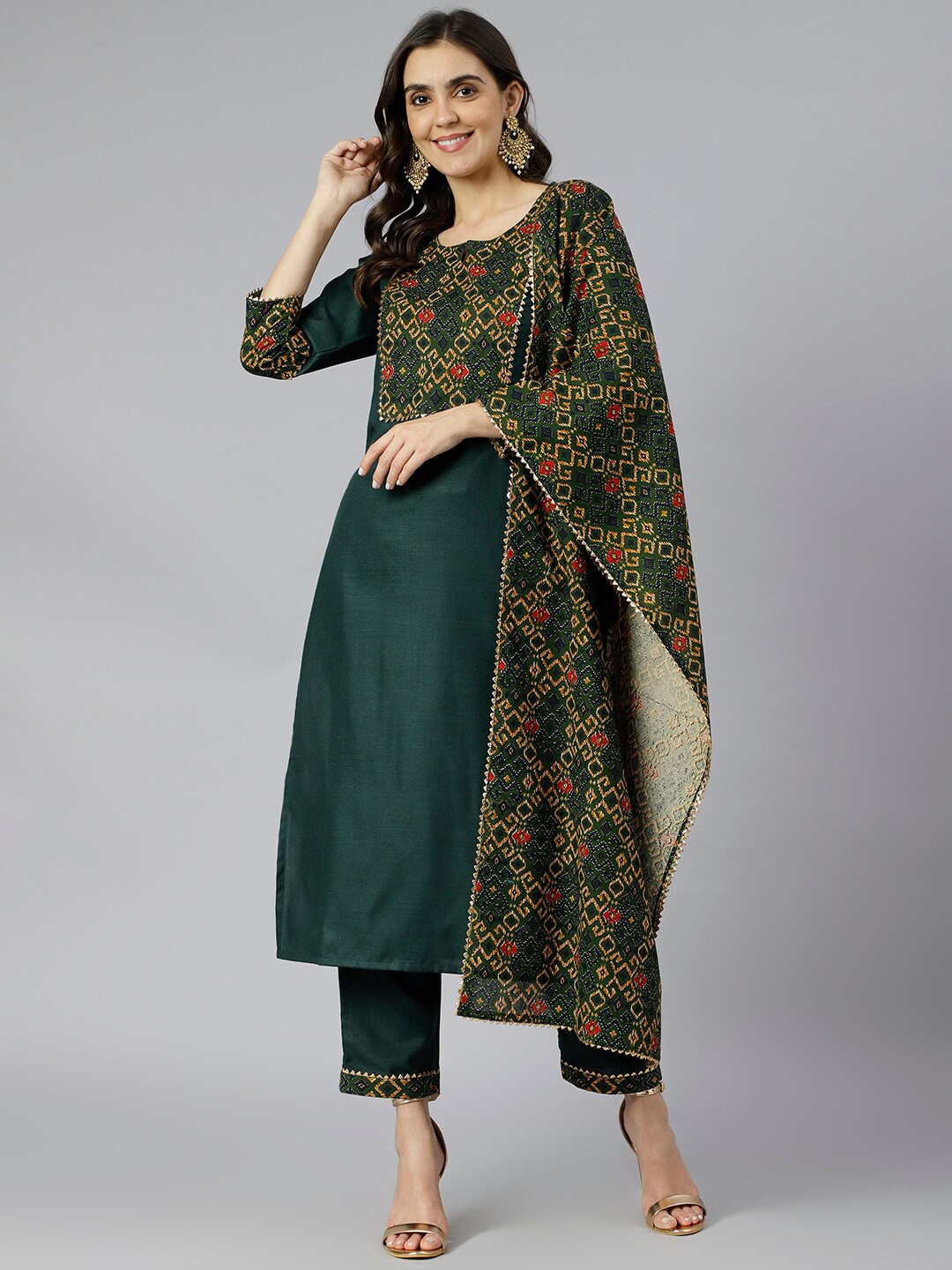 

KALINI Women Green Yoke Design Kurta with Trousers & With Dupatta