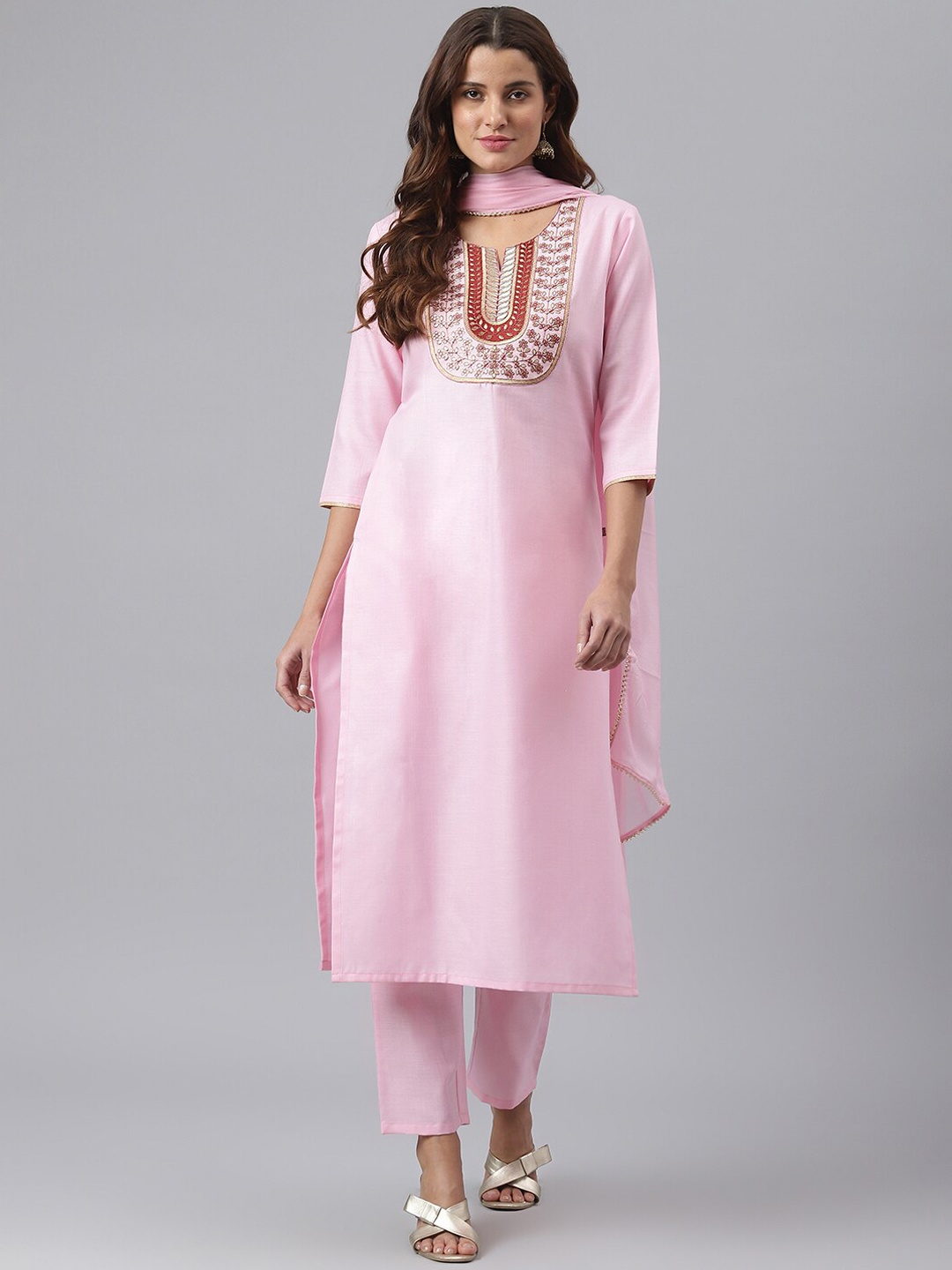 

KALINI Women Pink Yoke Design Thread Work Kurta with Trousers & Dupatta