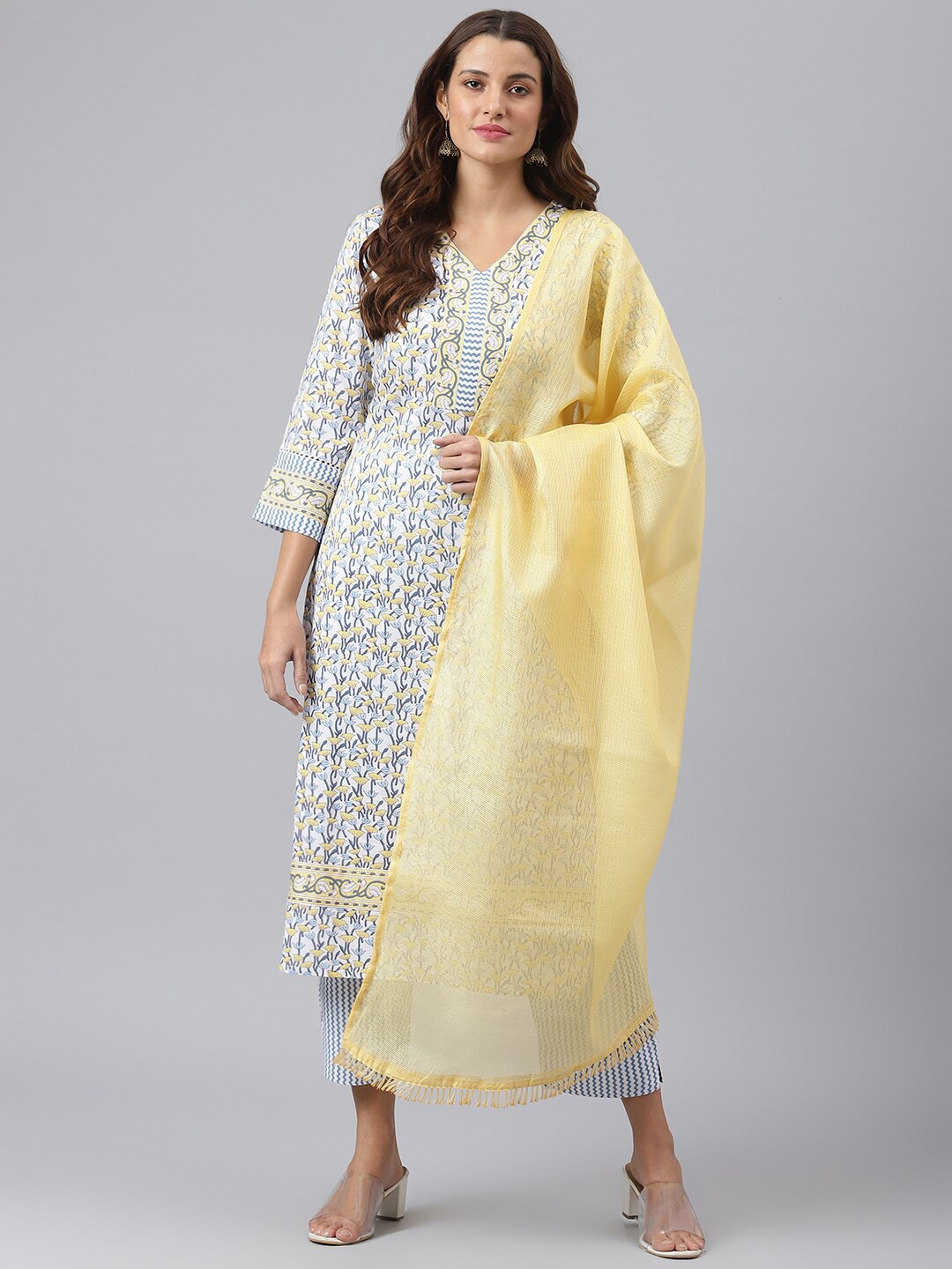 

KALINI Women Yellow Floral Printed Kurta with Trousers & With Dupatta