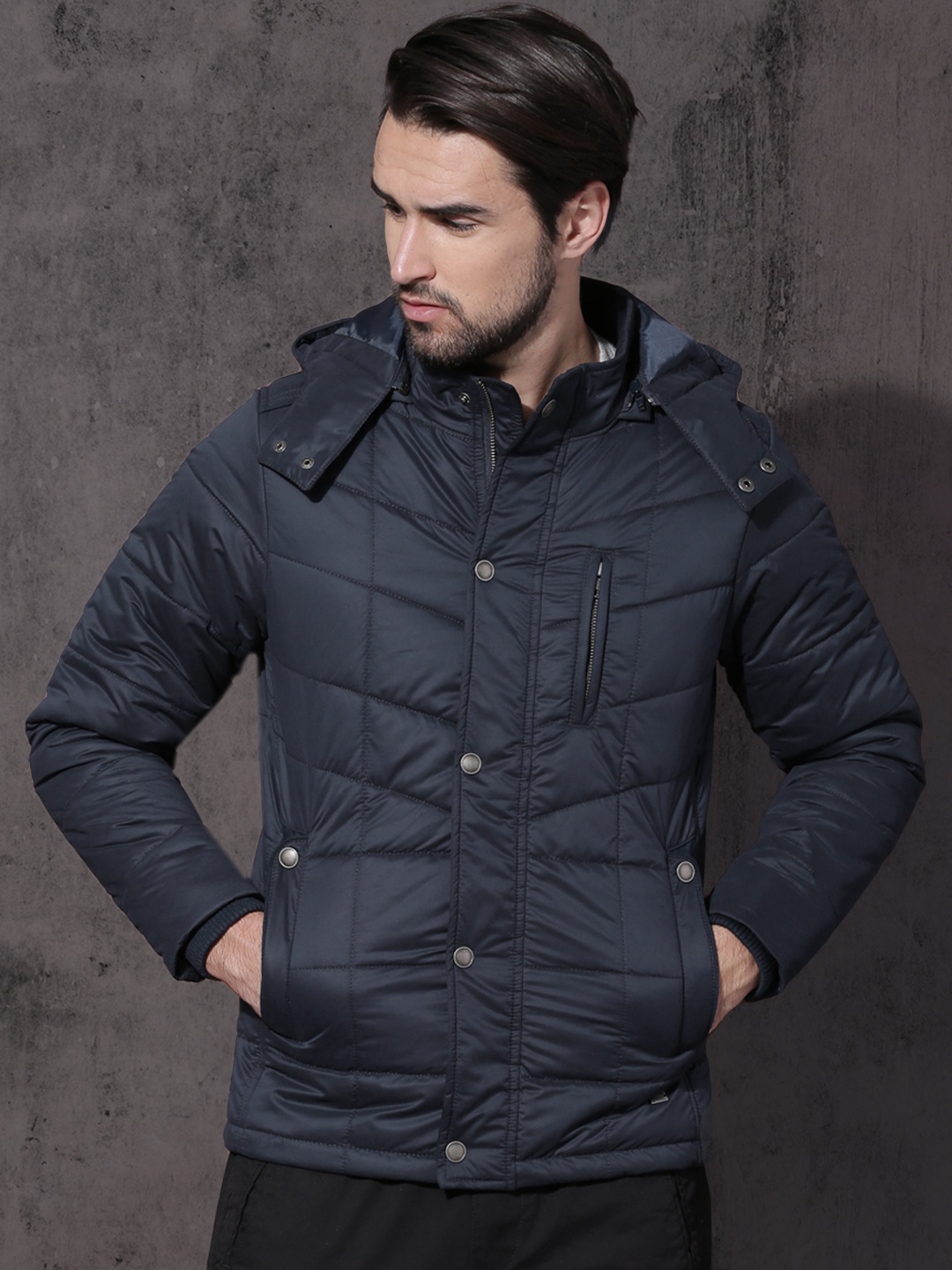 

Roadster Men Navy Blue Solid Padded Detachable Hood Jacket