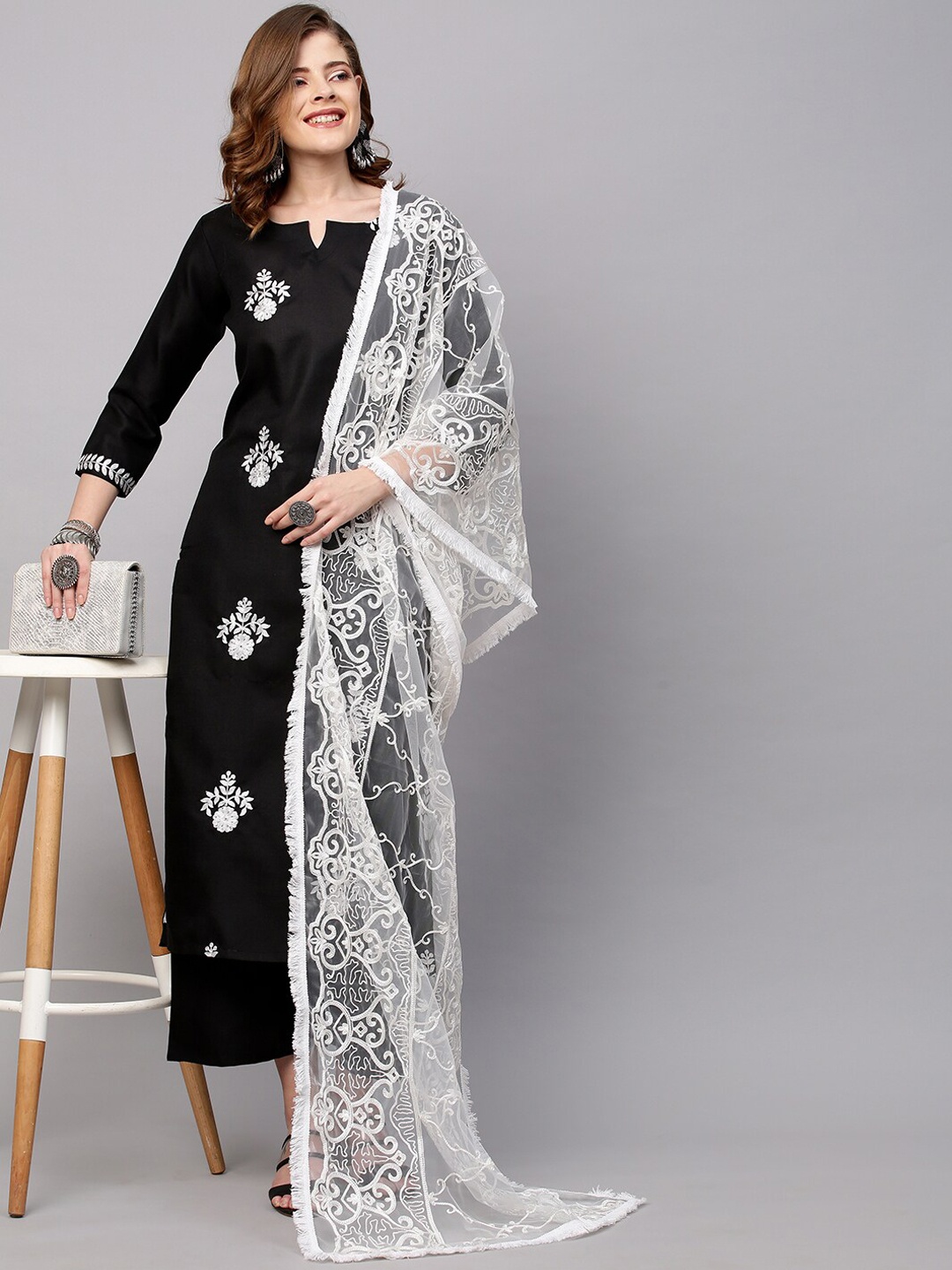 

KALINI Women Black Floral Embroidered Kurta with Palazzos & With Dupatta