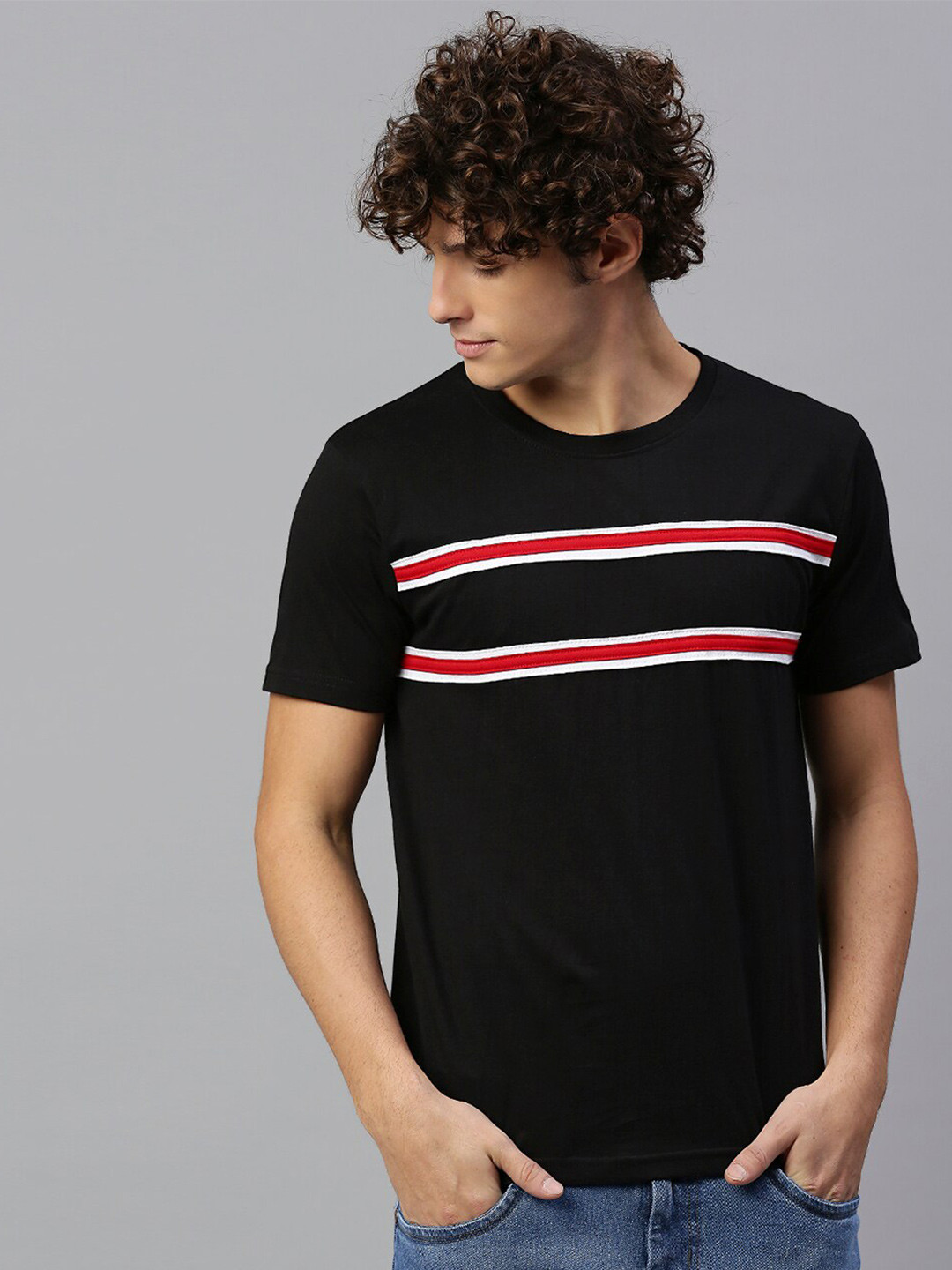 

High Star Men Black Striped T-shirt