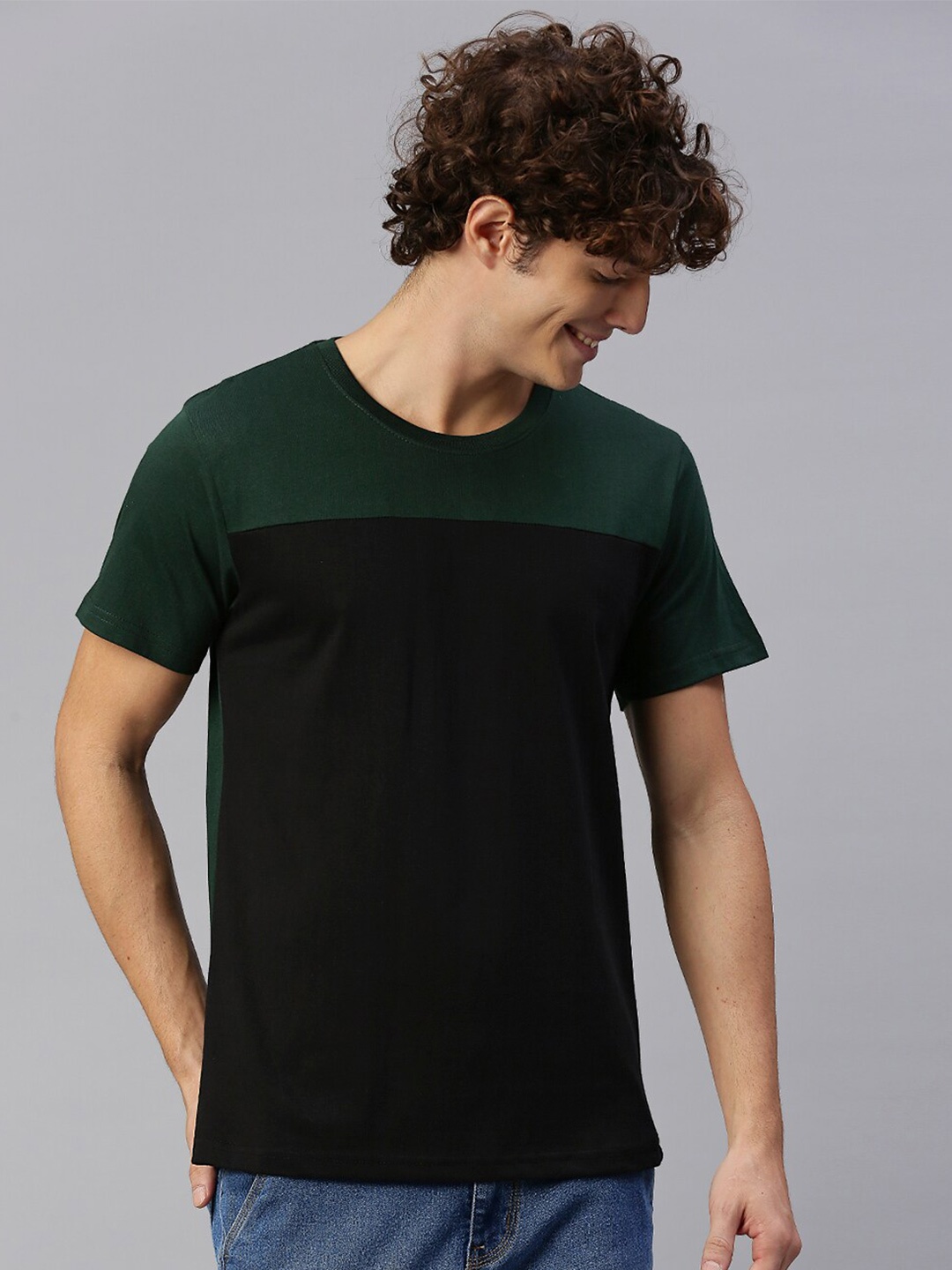 

High Star Men Olive Green & Black Colourblocked T-shirt