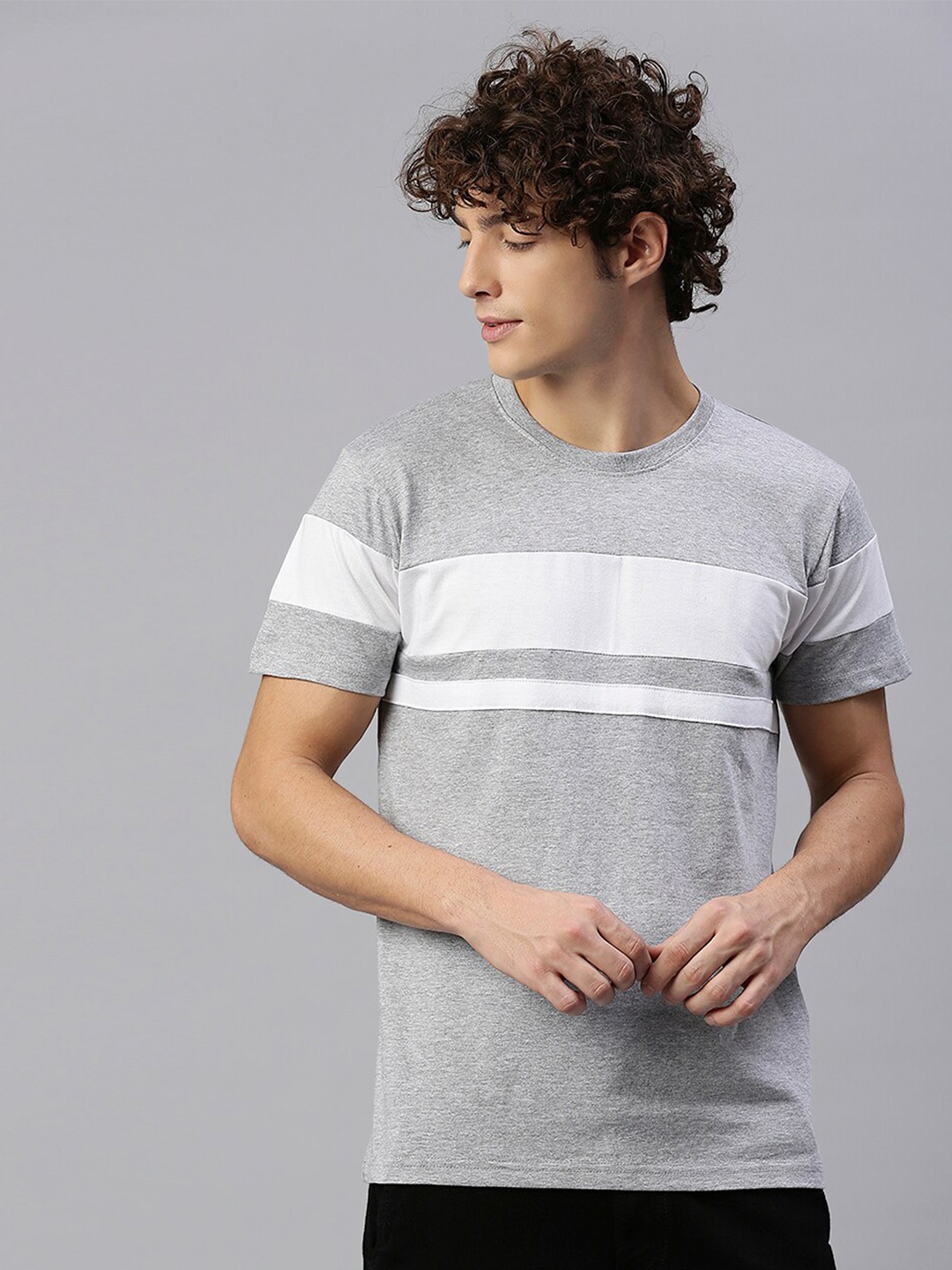

High Star Men Grey Striped T-shirt
