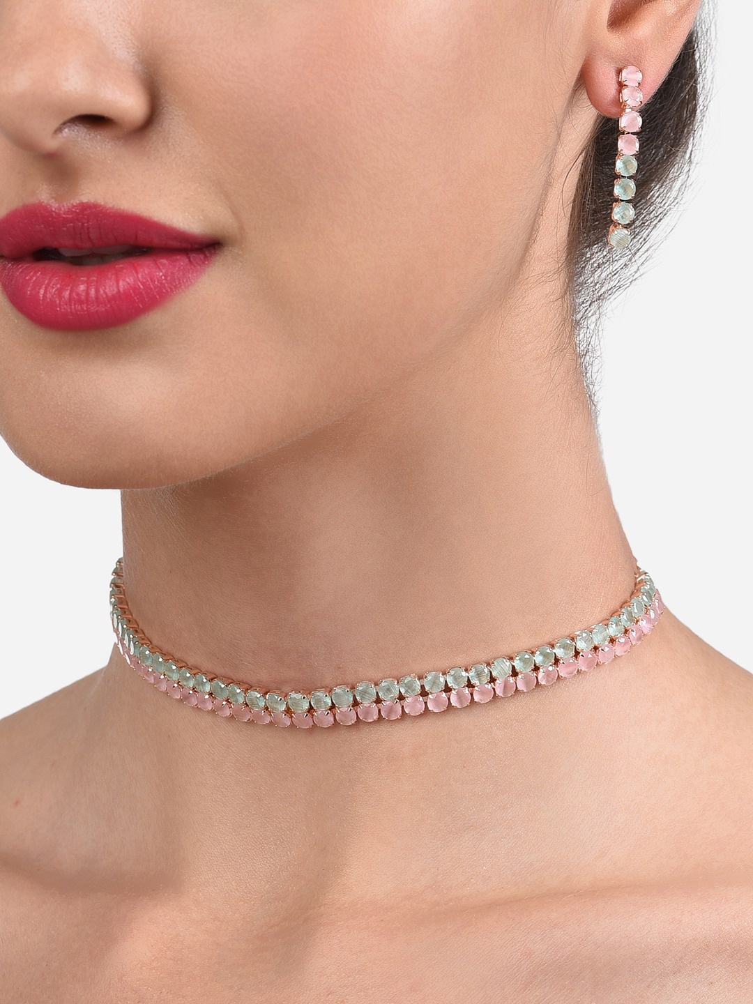 

Zaveri Pearls Rose Gold-Plated & Pink CZ Stone Studded Jewellery Set
