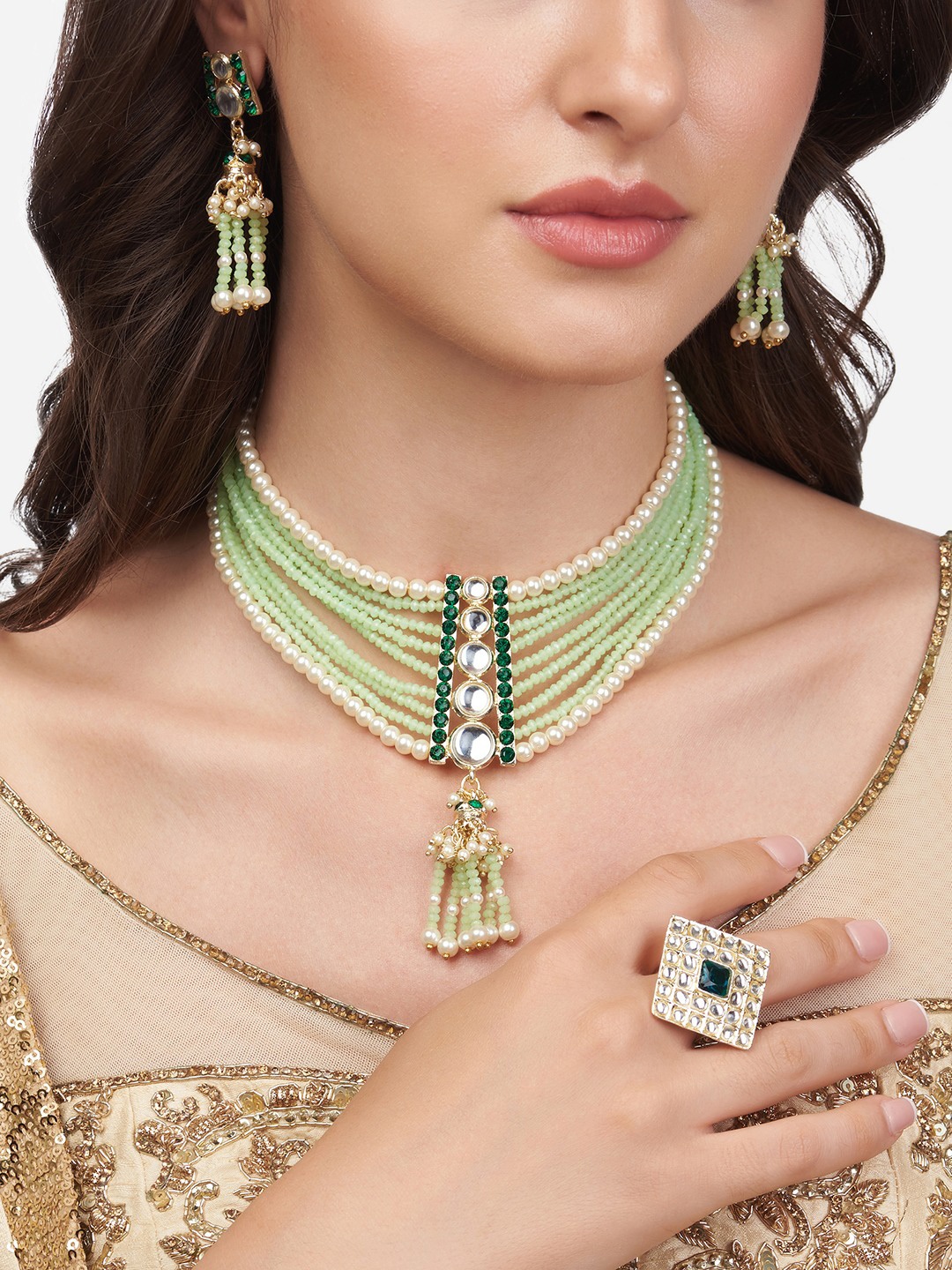 

Zaveri Pearls Gold Plated Green Kundan Studded Complete Jewellery Set