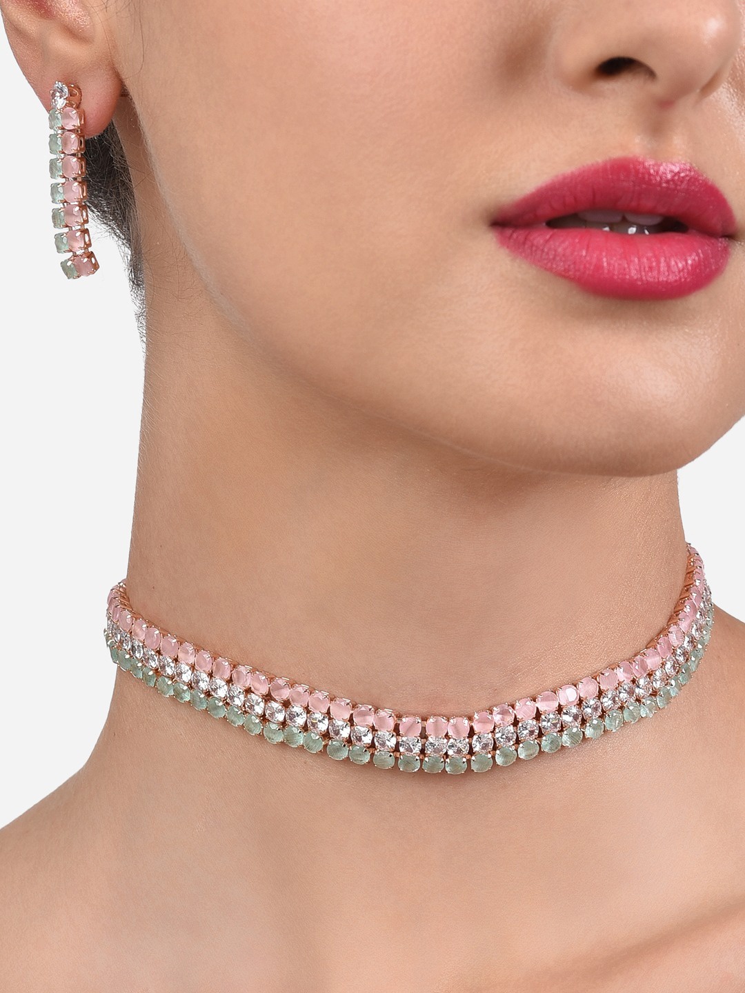 

Zaveri Pearls Rose Gold-Plated Pink & Green CZ-Studded Jewellery Set