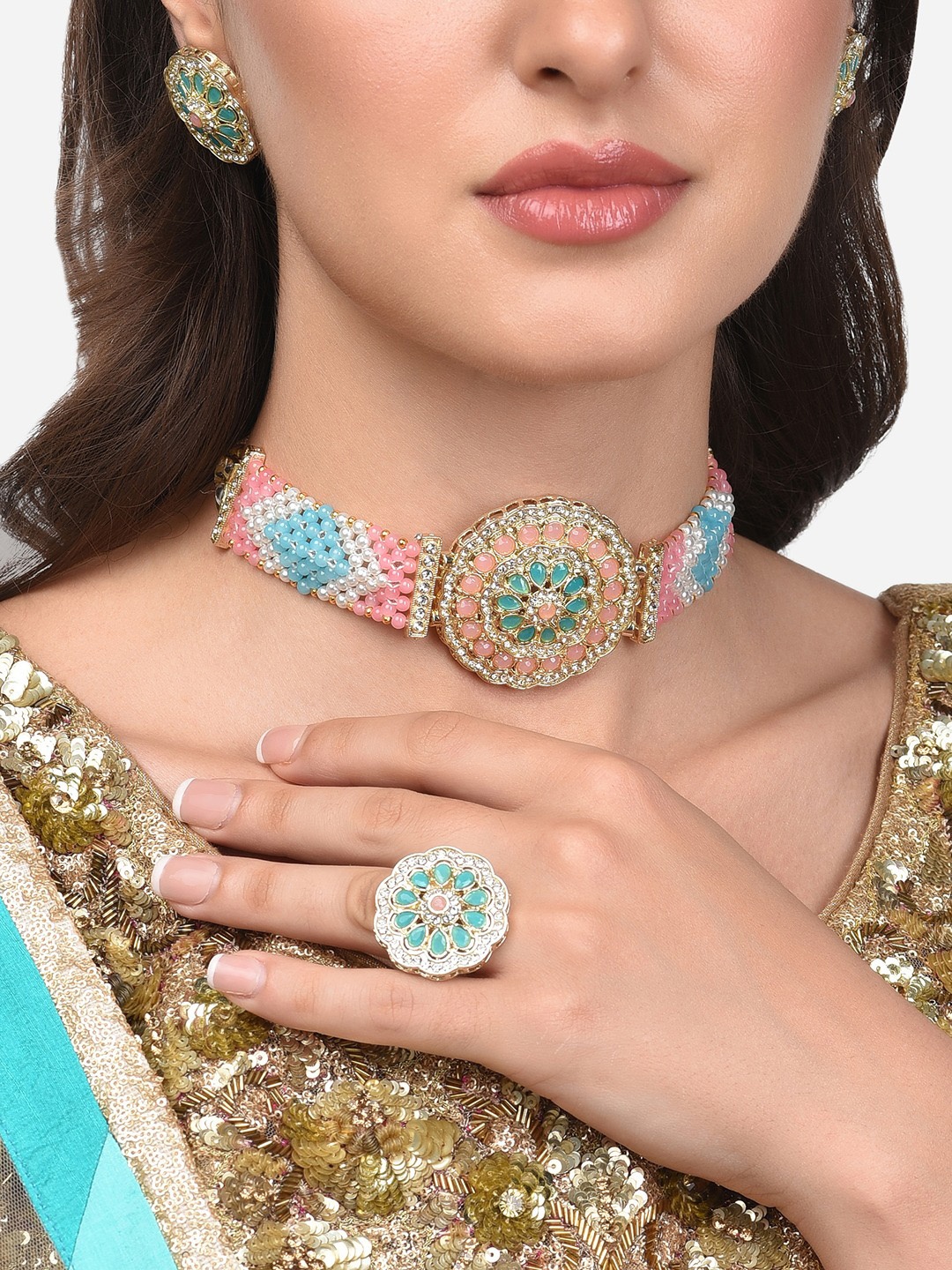 

Zaveri Pearls Women Pink & Turquoise Blue Gold-Plated Artificial Beads Studded Choker Jewellery Set