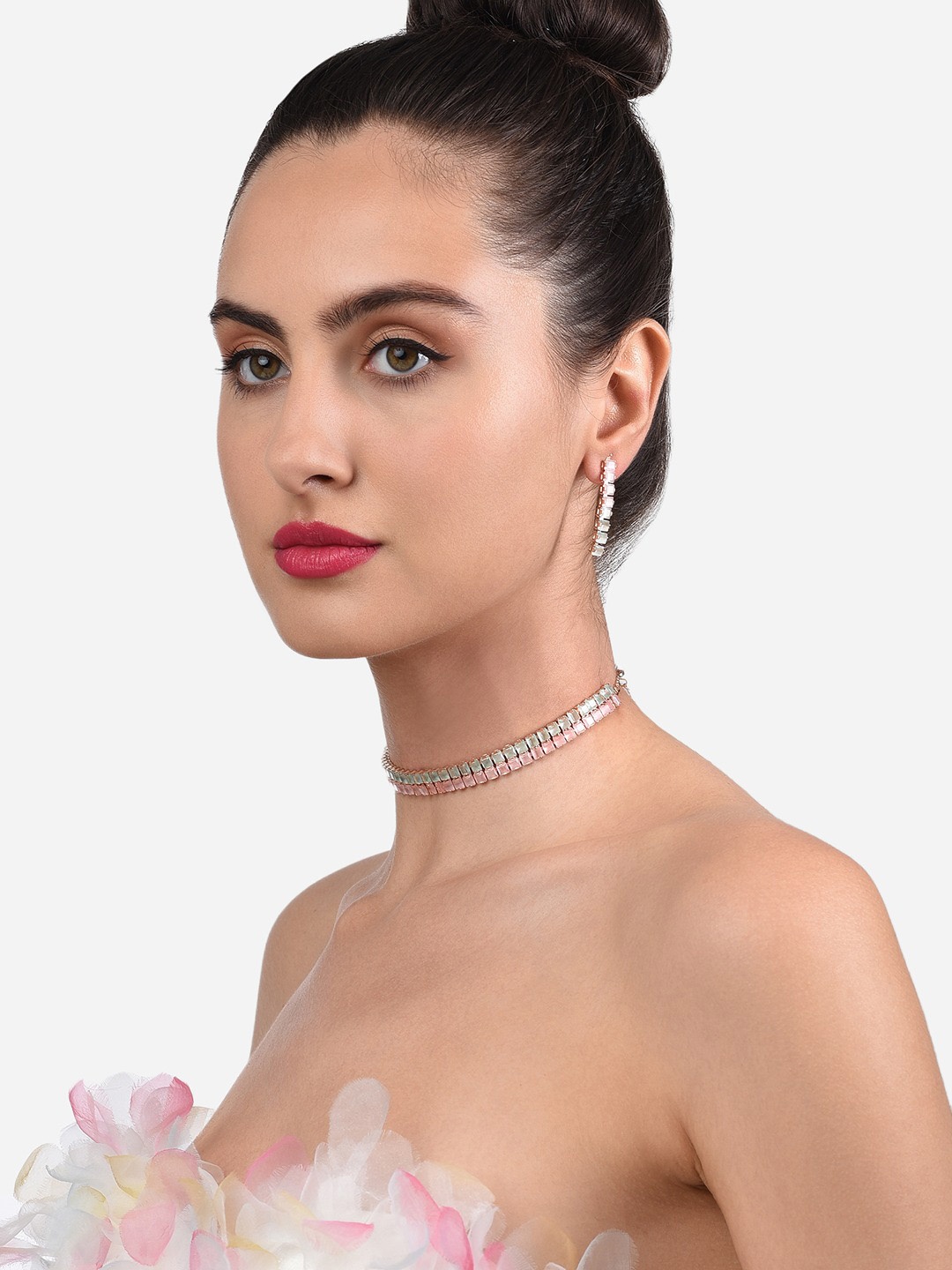 

Zaveri Pearls Rose Gold-Plated Green & Pink CZ-Studded Party Bling Jewellery Set