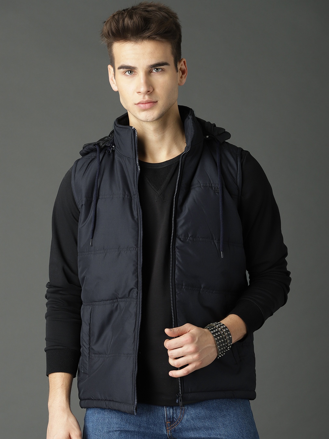 

Roadster Men Navy Blue Solid Puffer Jacket