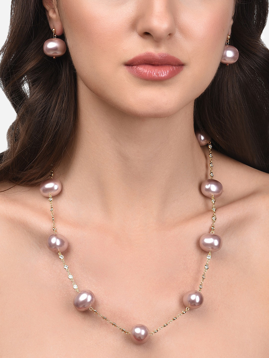 

Zaveri Pearls Gold-Plated Pink Beaded & White CZ-Studded Jewellery Set