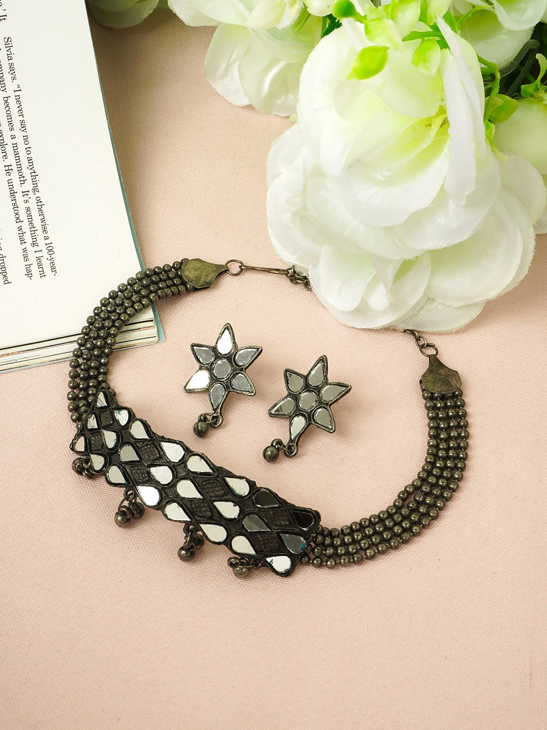 

Urmika Oxidised Silver-Toned Mirror-Studded & Beaded Jewellery Set