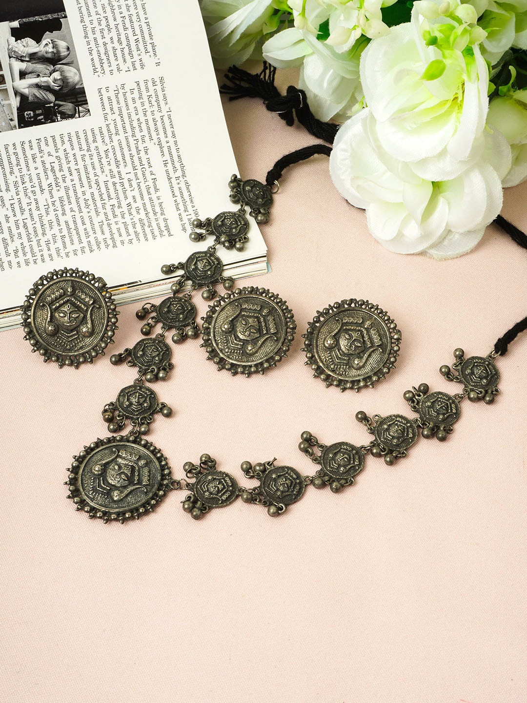 

Urmika Silver Toned Mandala Art Face Jewellery Set