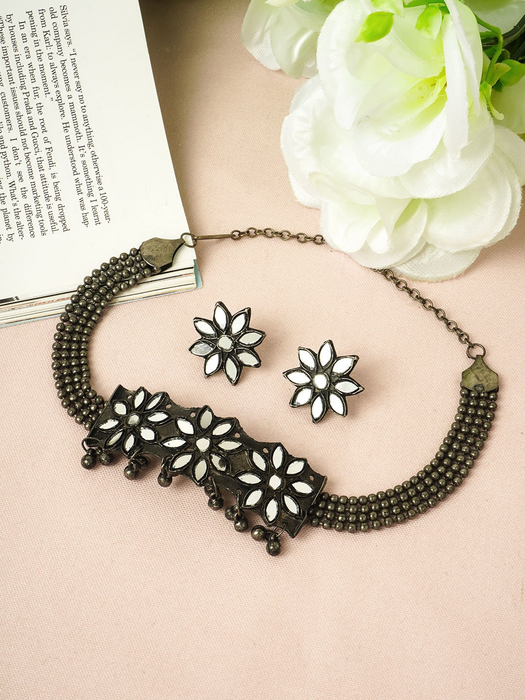 

Urmika Women Silver Oxidized Choker Necklace Set