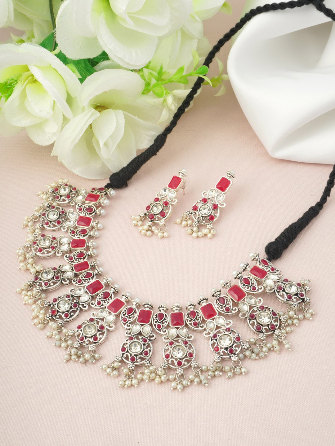

Urmika Red Silver-Plated Stone Pearl Choker Set