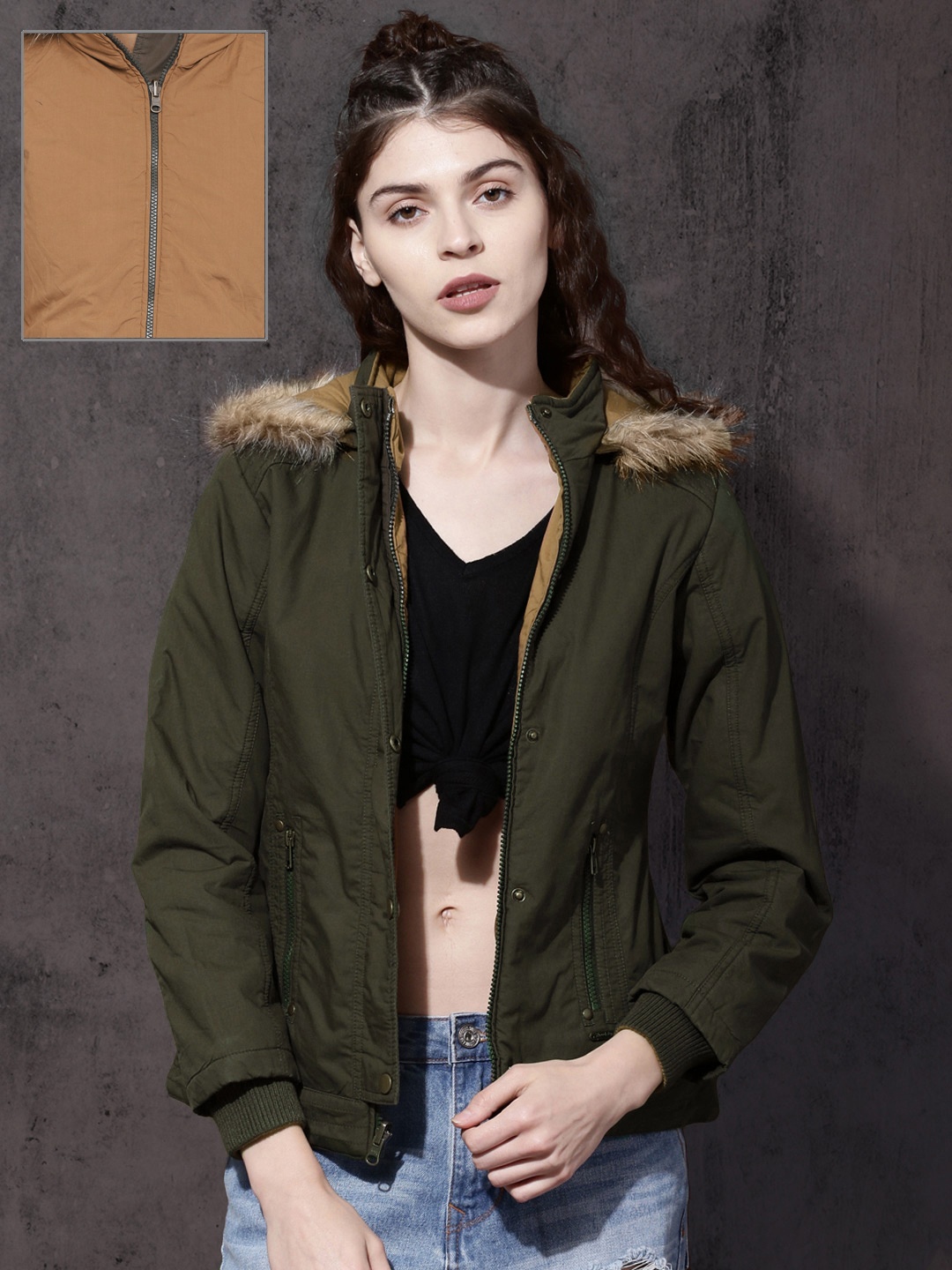 

Roadster Women Olive Green & Khaki Solid Reversible Jacket