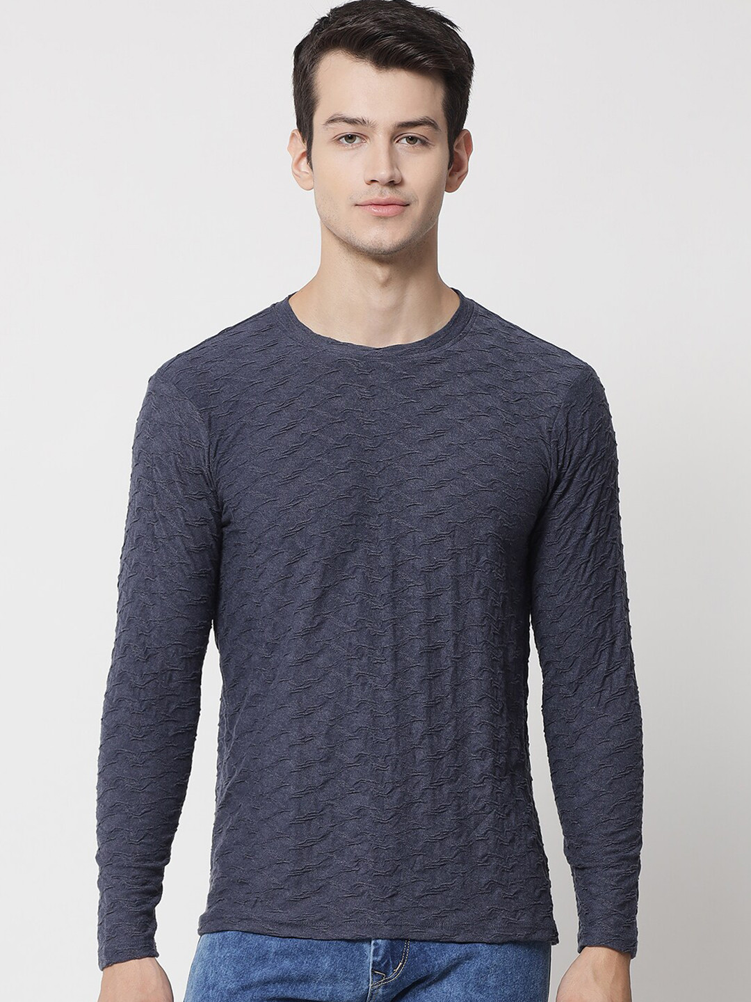 

LE BOURGEOIS Men Navy Blue Self Design T-shirt