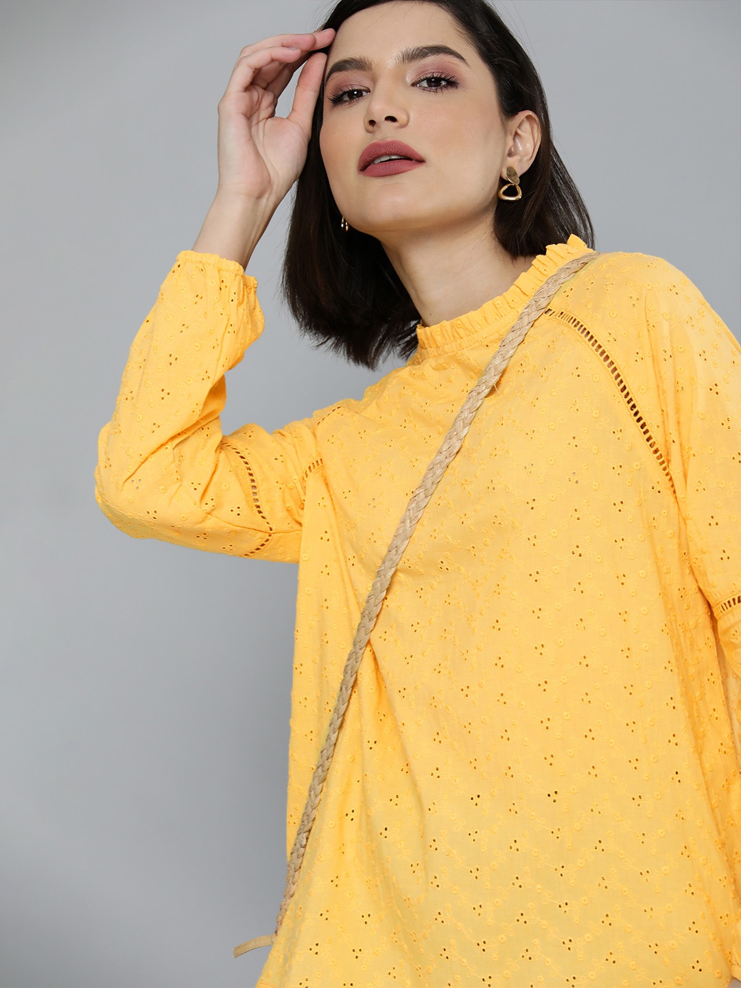 

Flying Machine Women Orange Schiffli Long Sleeves Pure Cotton Top