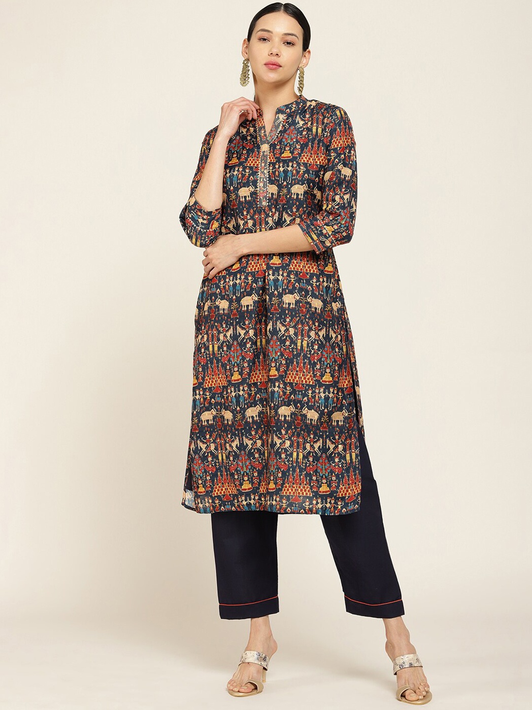

Soch Women Navy Blue Printed Cold-Shoulder Sleeves Kurta