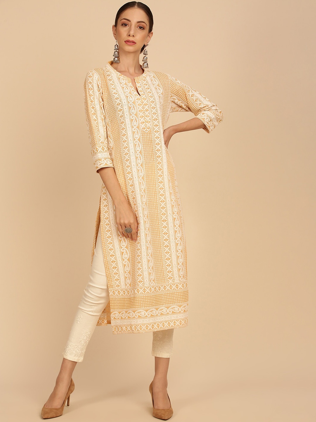

Soch Women Yellow Ethnic Motifs Embroidered Keyhole Neck Mirror Work Kurta
