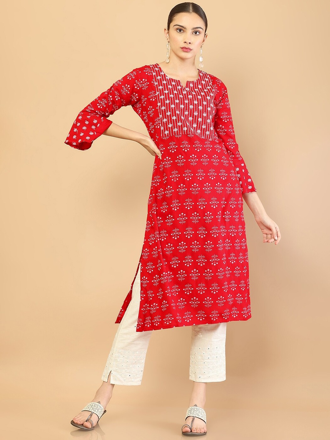 

Soch Women Red Ethnic Motifs Embroidered Keyhole Neck Flared Sleeves Kurta