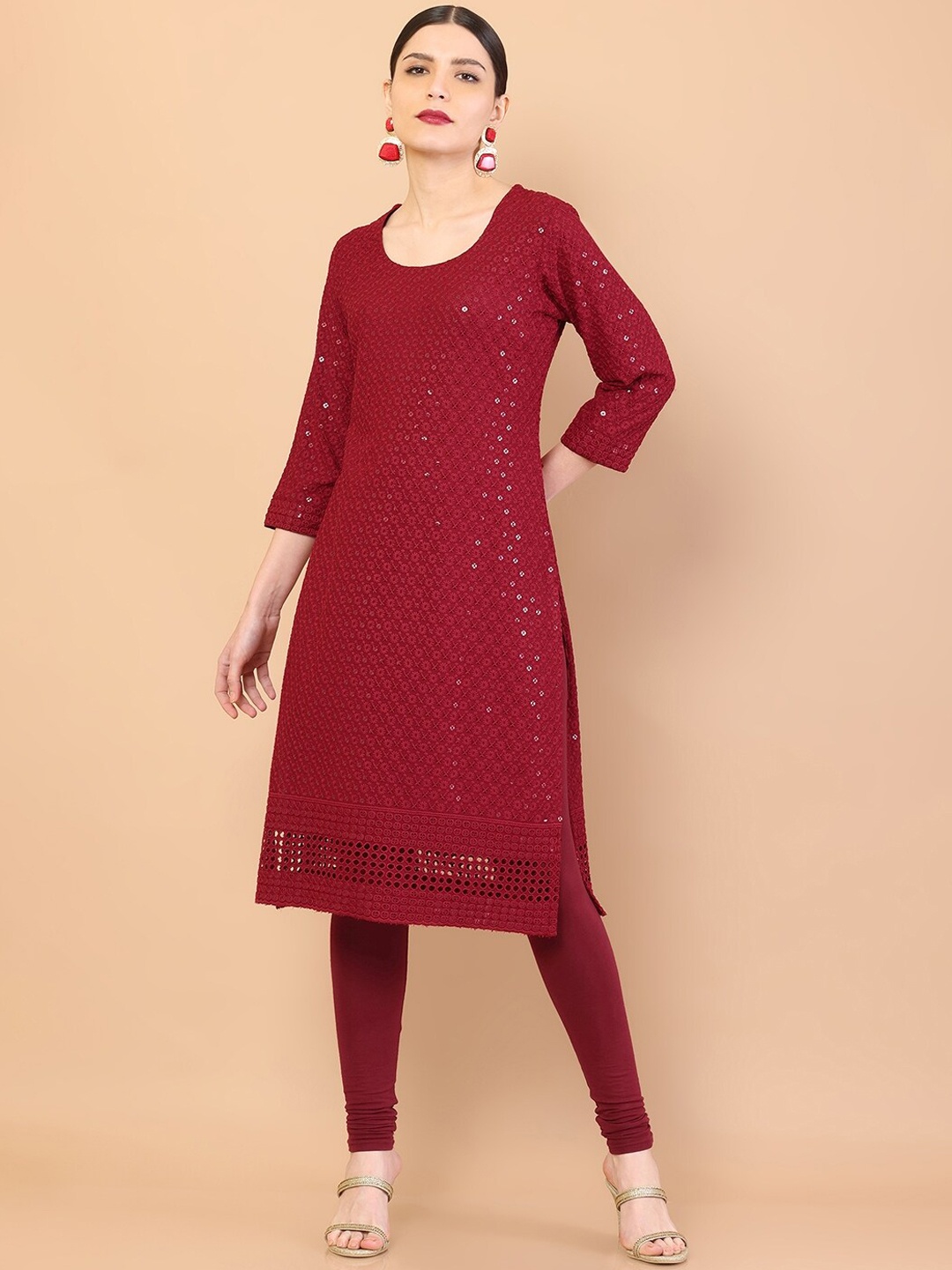

Soch Women Maroon Ethnic Motifs Embroidered Thread Work Kurta