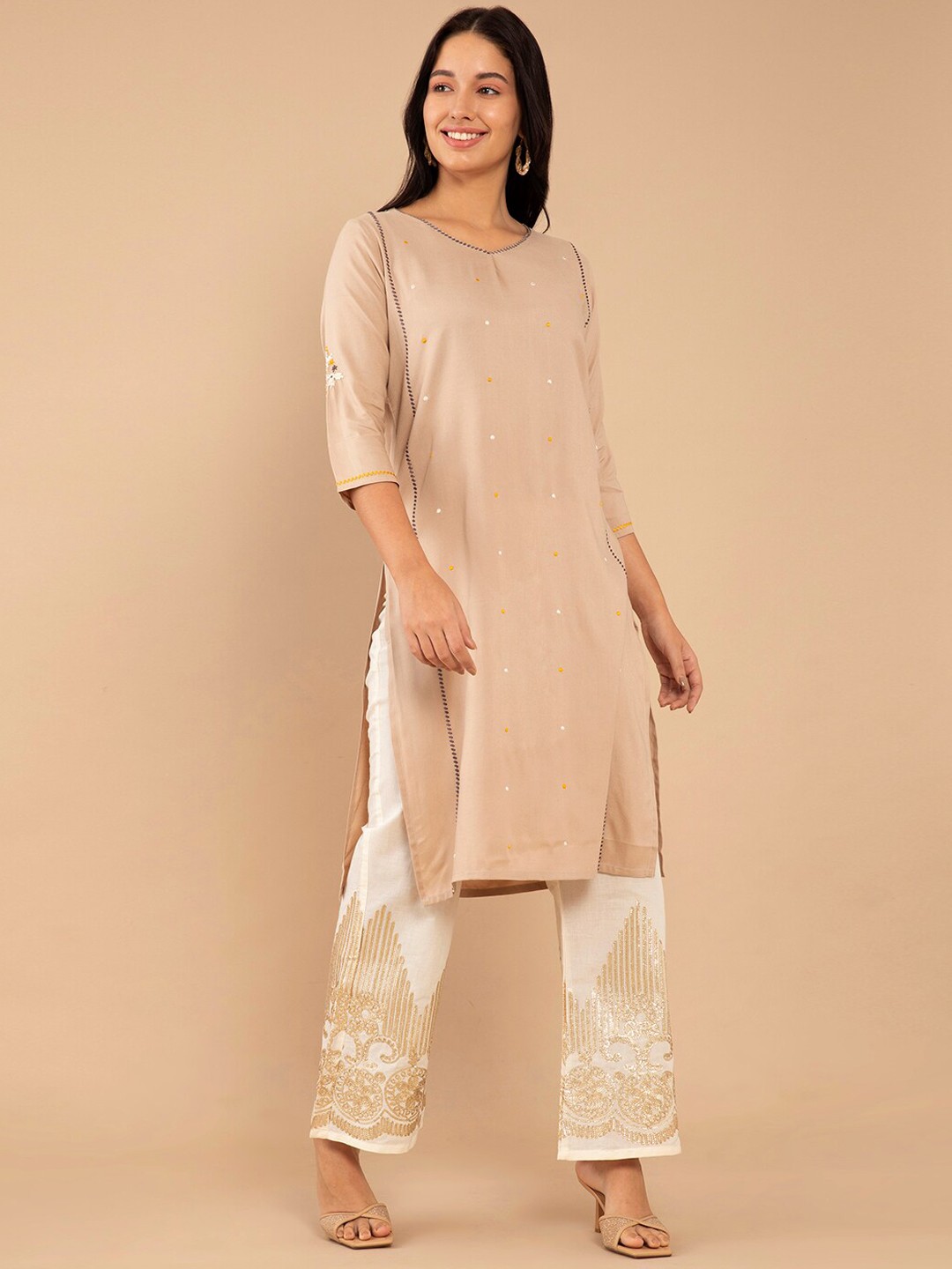 

Soch Women Beige Ethnic Motifs Embroidered Thread Work Kurta
